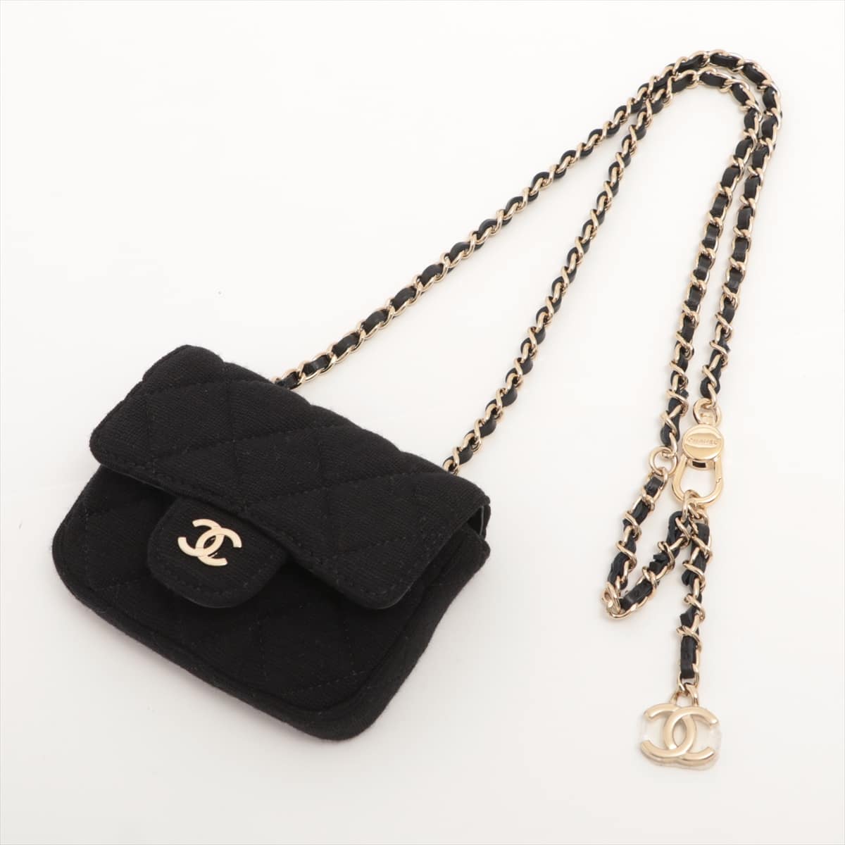 Chanel Mini Mini Matelasse Cotton & Peather Pouch Black Gold Metal fittings 30