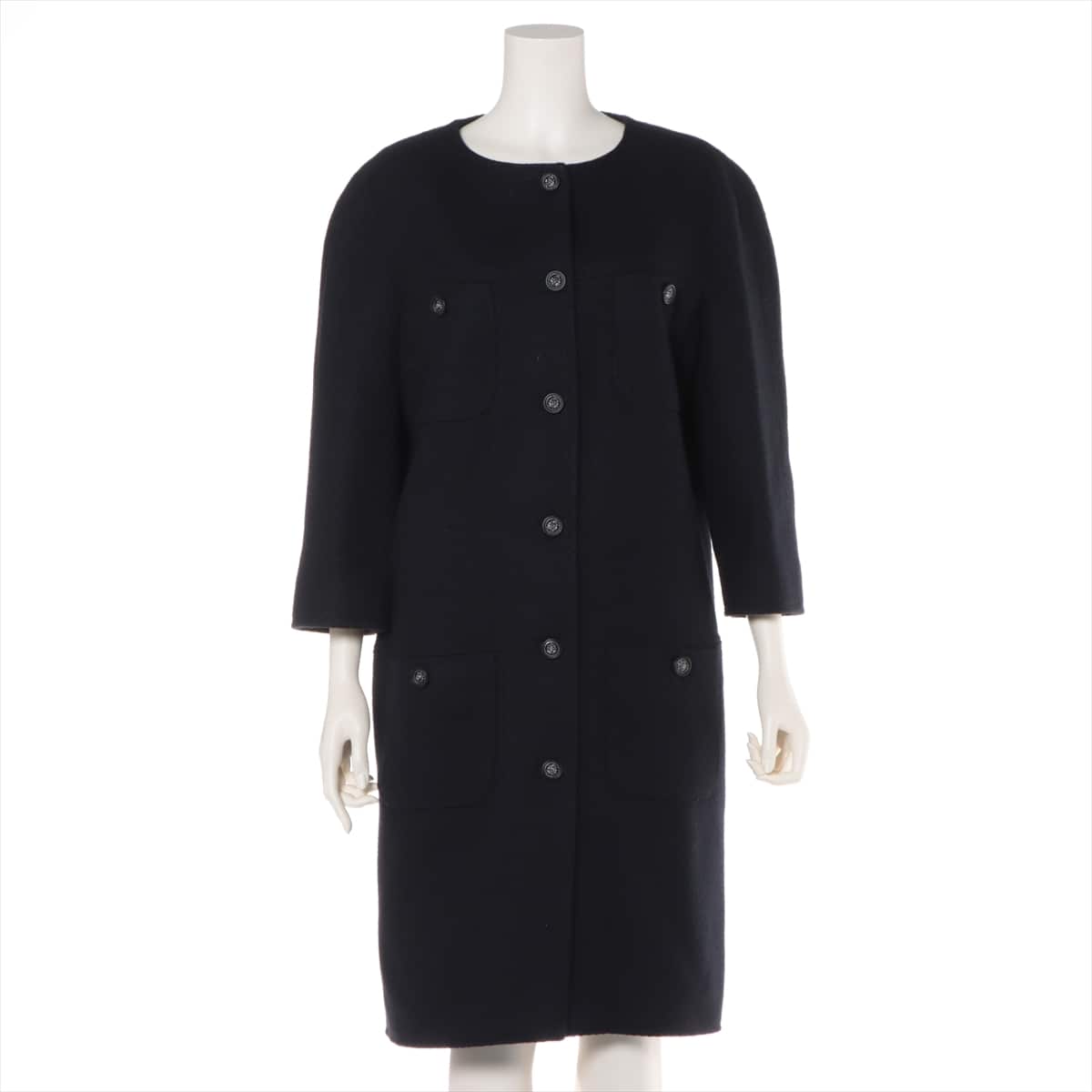 Chanel Coco Mark P49 Tweed Long coat 46 Ladies' Navy blue  Lion button