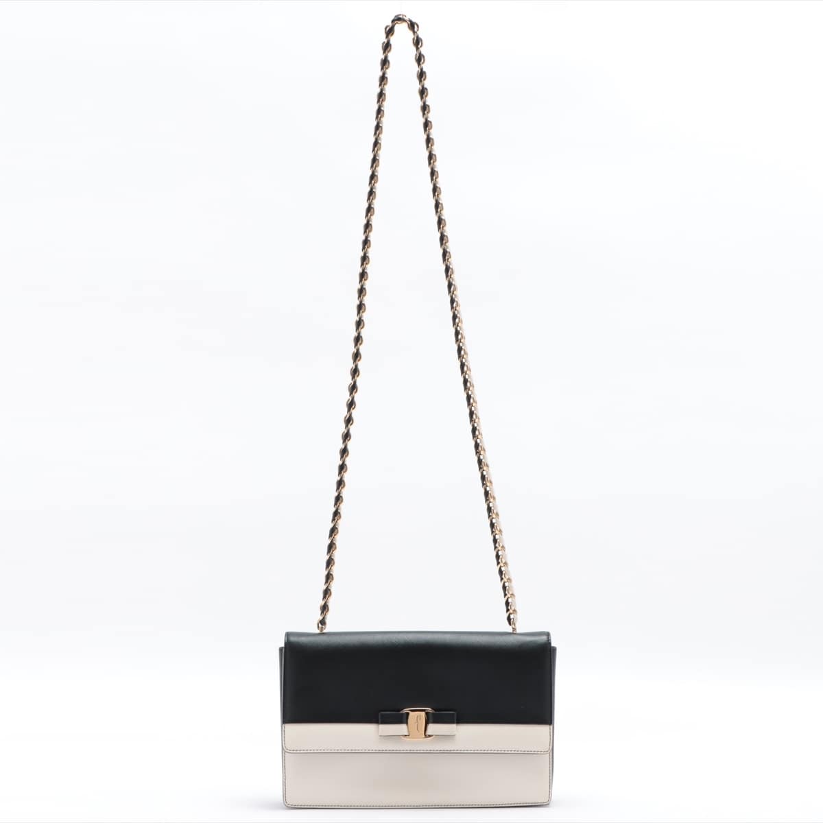 Ferragamo Vara bow Leather Chain shoulder bag Black × White