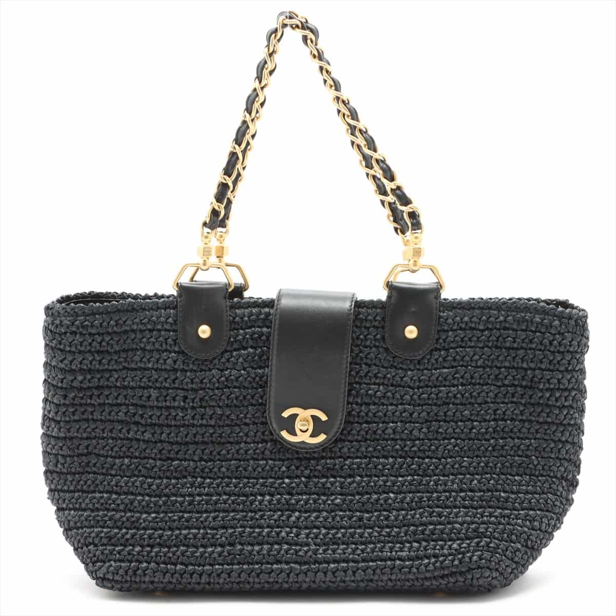 Chanel Coco Mark Straw & leather Chain tote bag Navy blue Gold Metal fittings 10XXXXXX