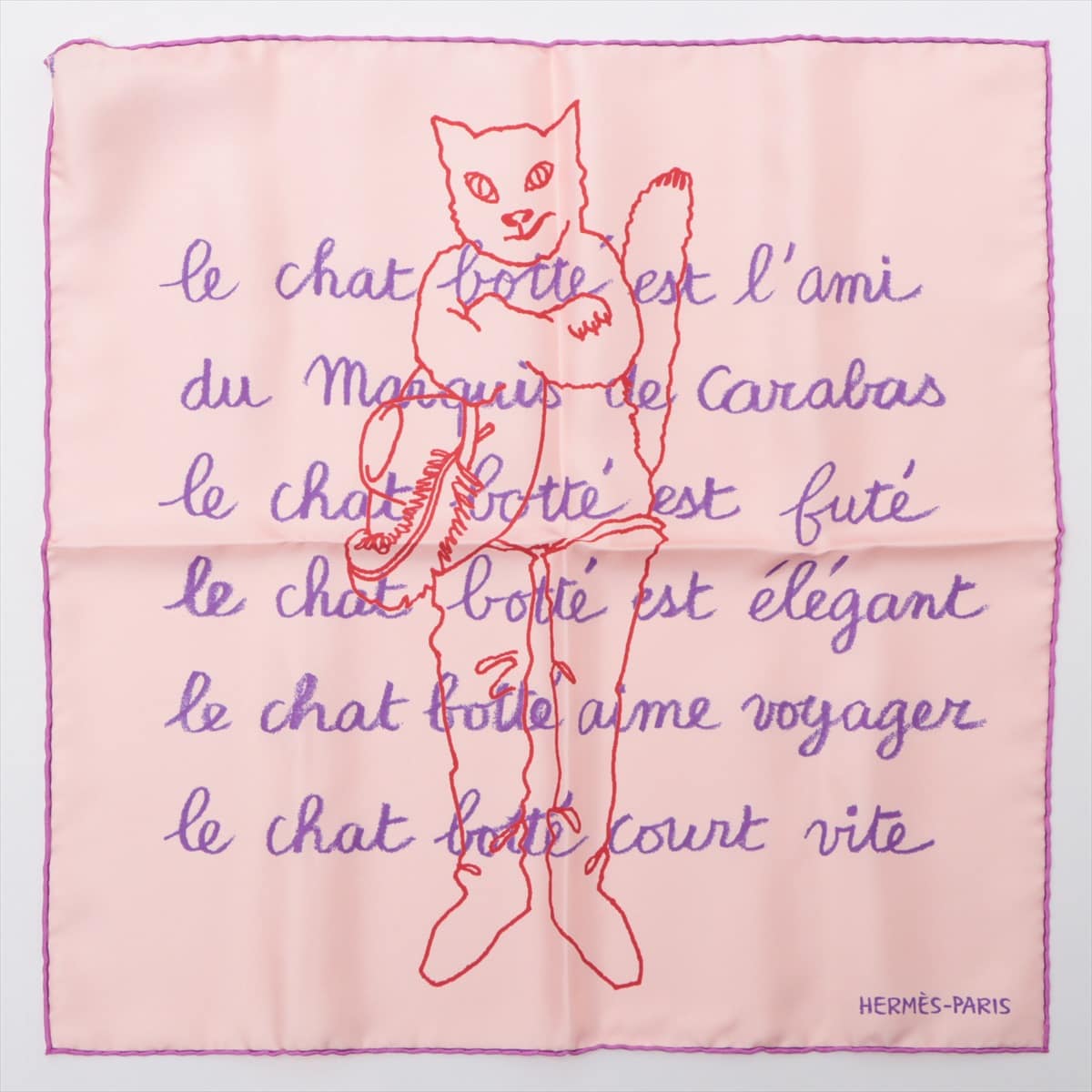 Hermès Scarf Silk Pink Carré 45 Le Chat Botte Puss in boots