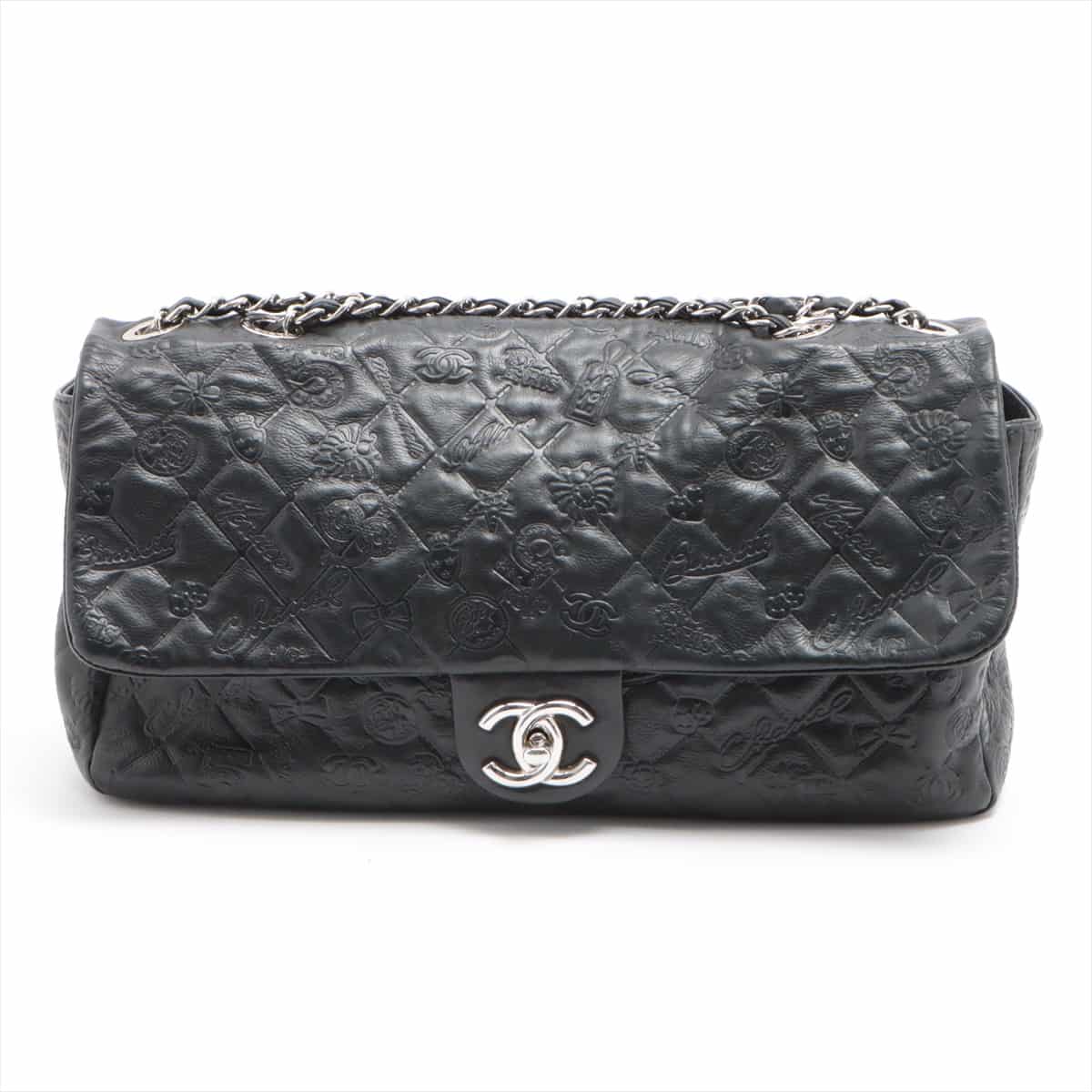 Chanel Matelasse Leather Single flap Double chain bag Icon Black Silver Metal fittings 14XXXXXX