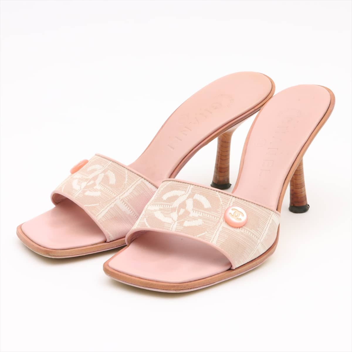Chanel Coco Button Canvas & leather Sandals 37 Ladies' Pink New Travel Line