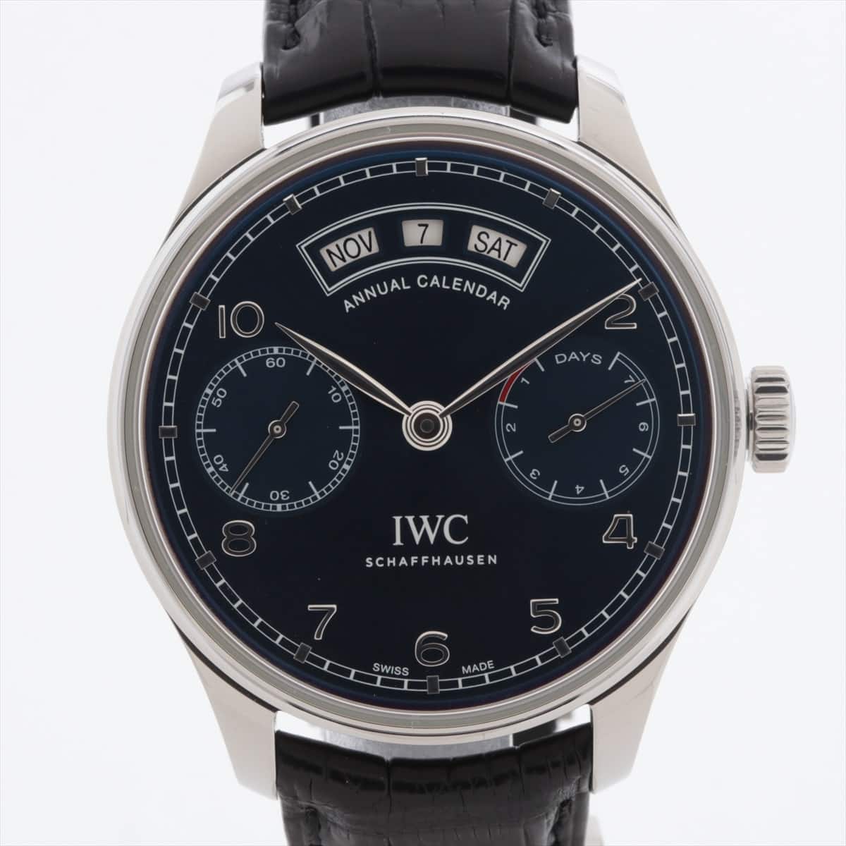 IWC Portugieser Annual Calendar IW503502 SS & externally manufactured leather AT Blue-Face