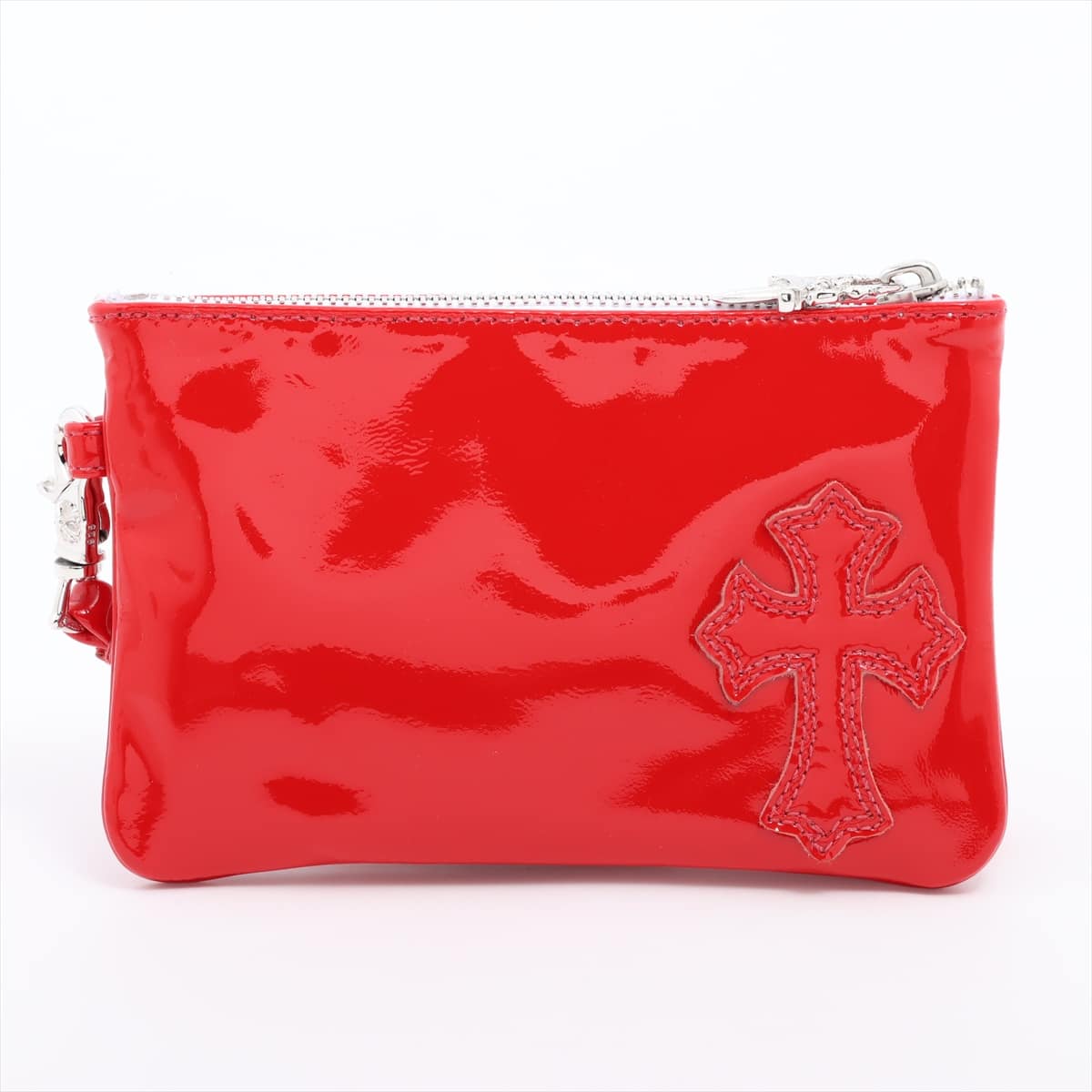 Chrome Hearts Pouch Patent leather Red Cross Patch Dagger zip Red