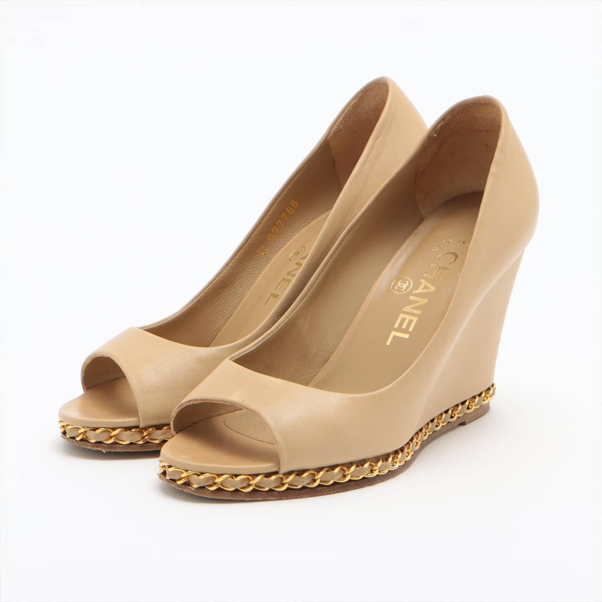 Chanel Coco Mark Leather Open-toe Pumps 36 1/2C Ladies' Beige x gold G27768 Chain