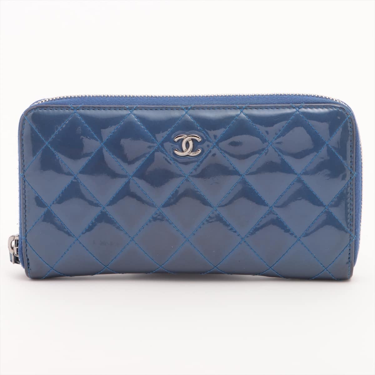 Chanel Matelasse Patent leather Round-Zip-Wallet Blue Silver Metal fittings 17XXXXXX