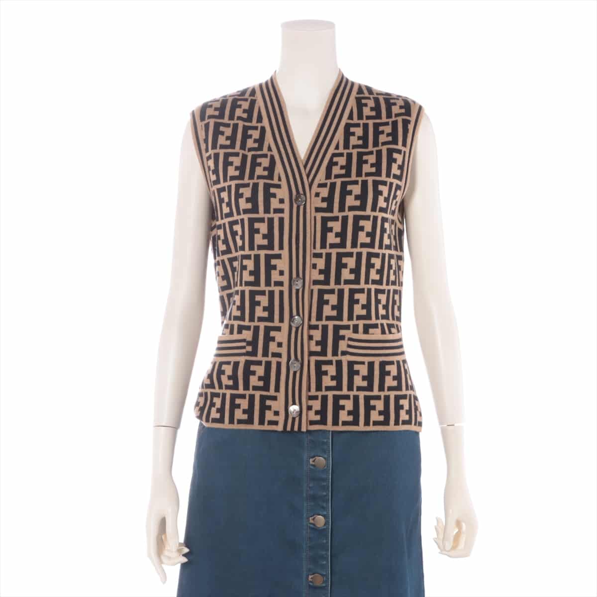 Fendi ZUCCa Wool Knit Vest 42 Ladies' Black × Brown
