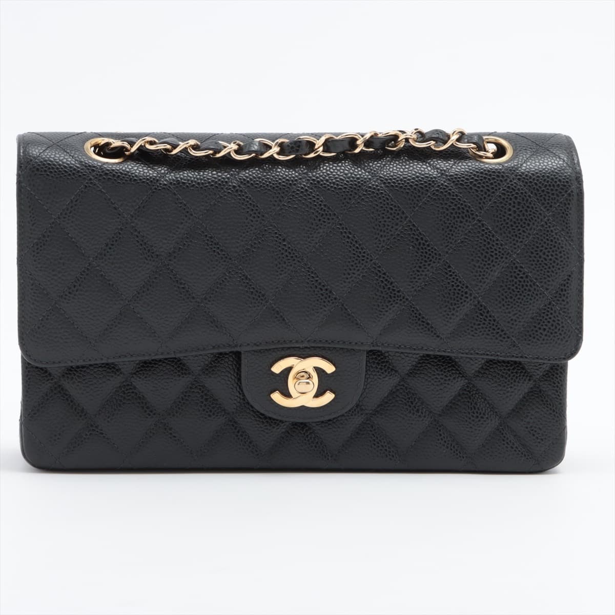 Chanel Matelasse Caviarskin Double flap Double chain bag Black Gold Metal fittings 7XXXXXX