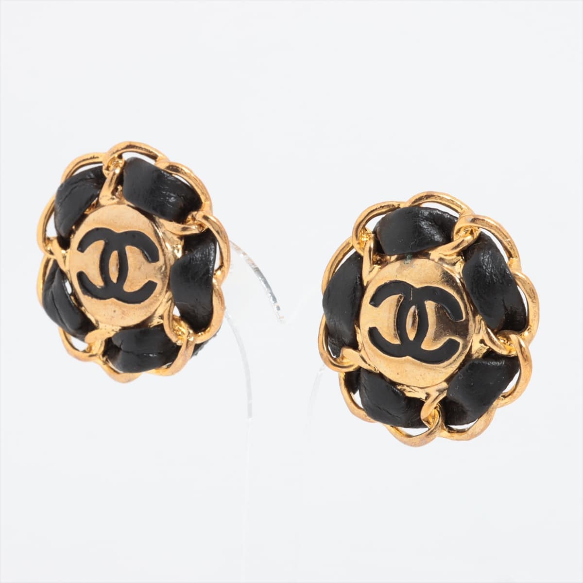 Chanel Coco Mark Earrings (for both ears) GP & Leather Black×Gold