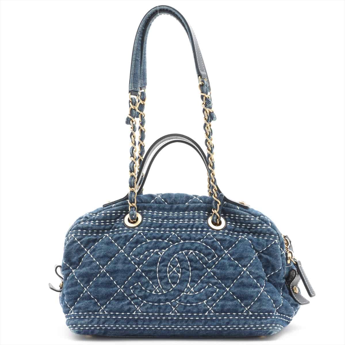 Chanel Coco Mark Denim & leather 2way handbag Blue Gold Metal fittings 29th