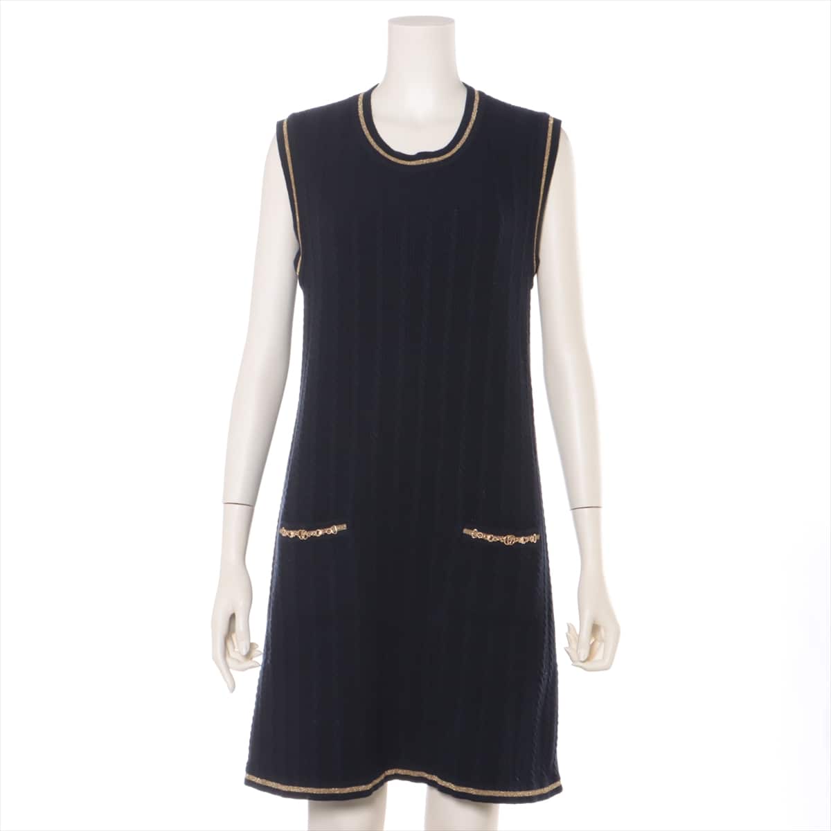 Gucci GG Cotton & Wool Knit dress S Ladies' Navy blue Missing belt 658350 Chain