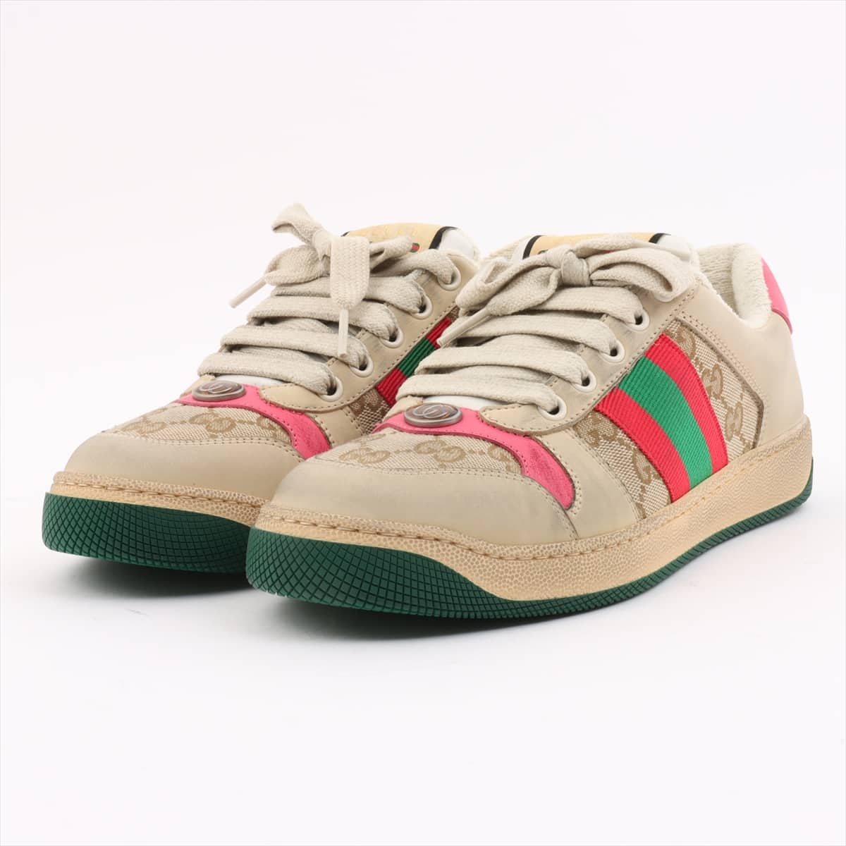 Gucci Screener Canvas & leather Sneakers 36 Ladies' Beige×Pink GG Canvas Vintage processing