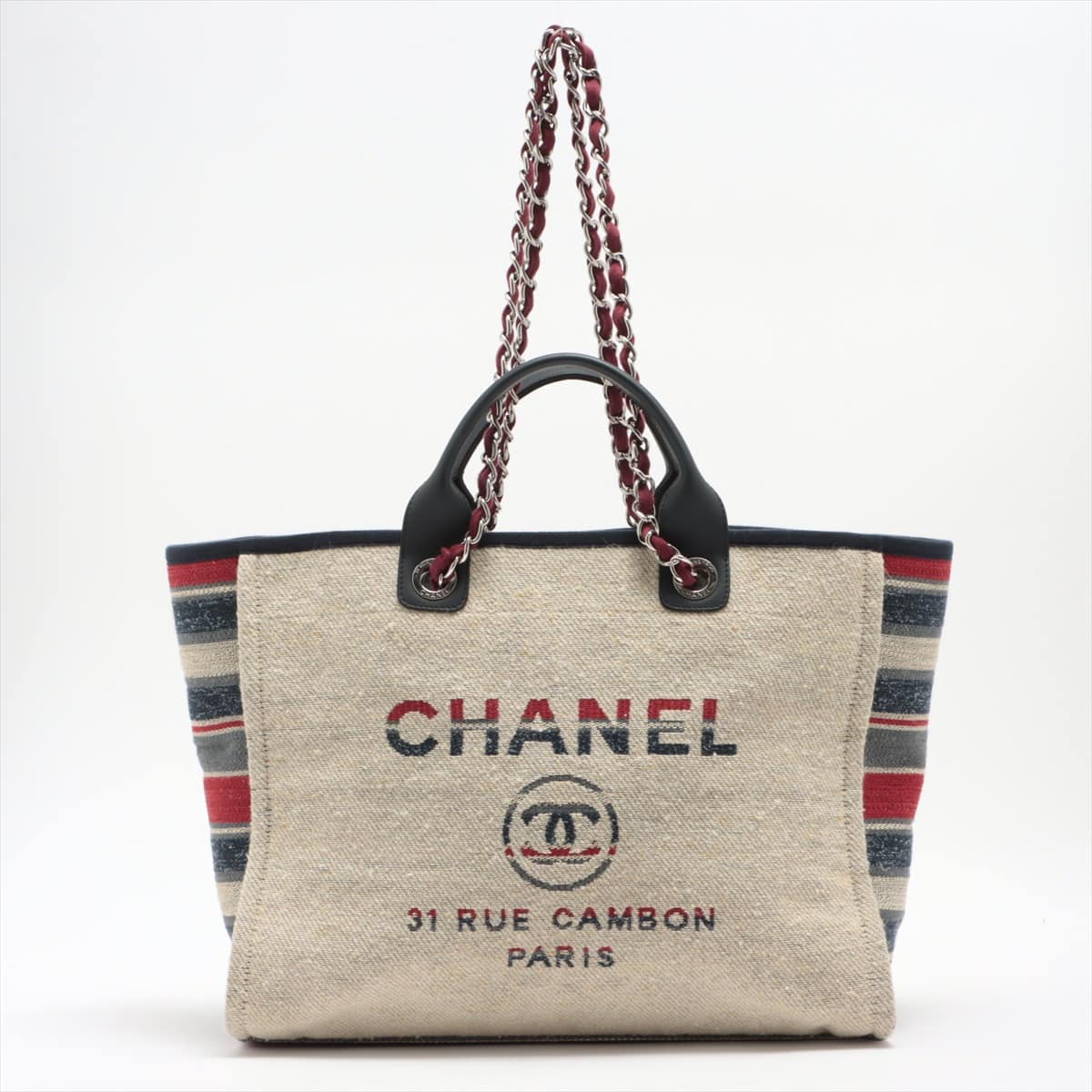 Chanel Deauville MM Canvas & leather Chain tote bag 2WAY Multicolor Silver Metal fittings 26XXXXXX