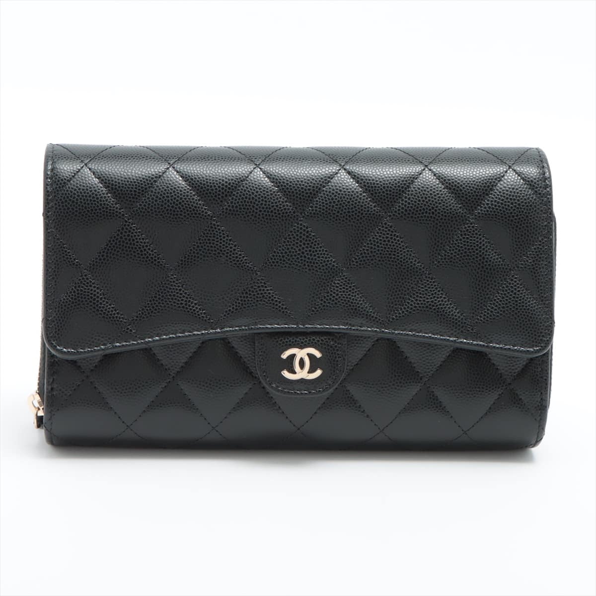 Chanel Matelasse Caviarskin Chain wallet Black Gold Metal fittings 31st with pouch