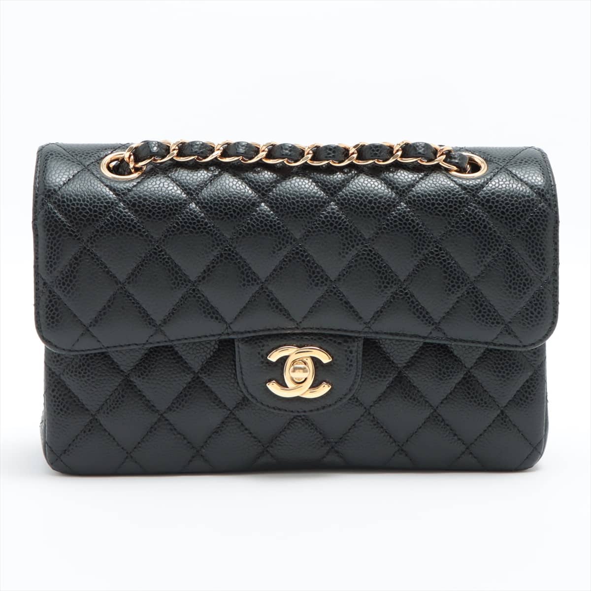 Chanel Matelasse Caviarskin Double flap Double chain bag Black Gold Metal fittings There is an IC chip