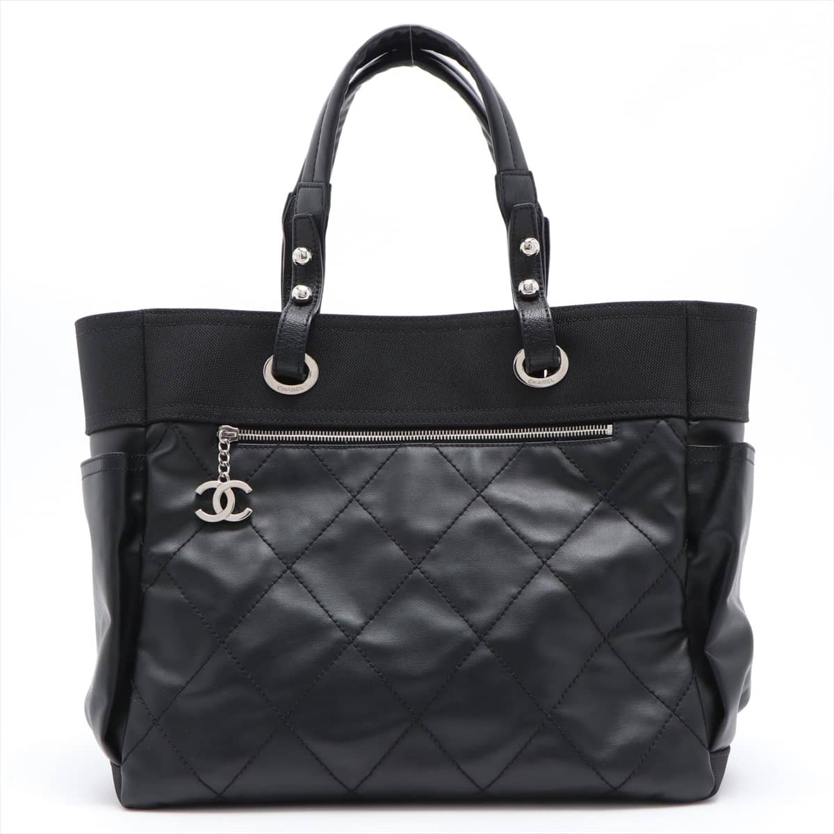 Chanel Paris Biarritz GM Coating canvas Tote bag Black Silver Metal fittings 16XXXXXX with pouch