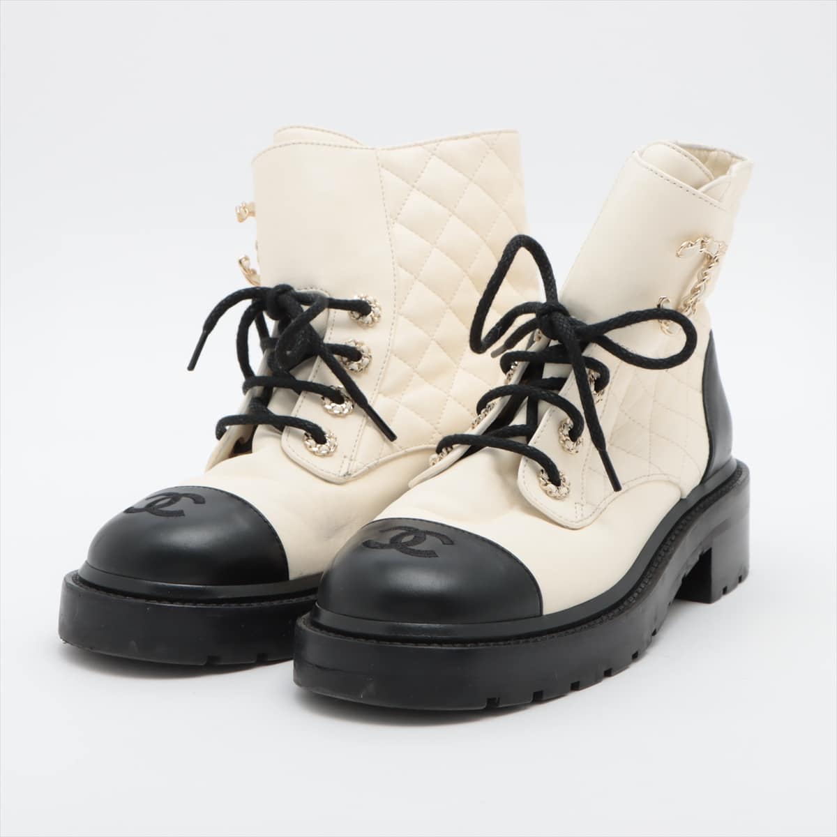 Chanel Coco Mark Leather Boots 36 1/2 Ladies' Black × White Matelasse 36424