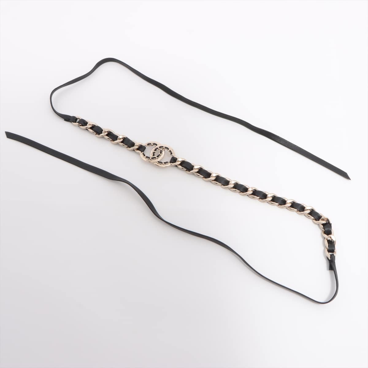 Chanel Coco Mark B22P Hairband GP & Leather Black×Gold Scratches, threads, dullness