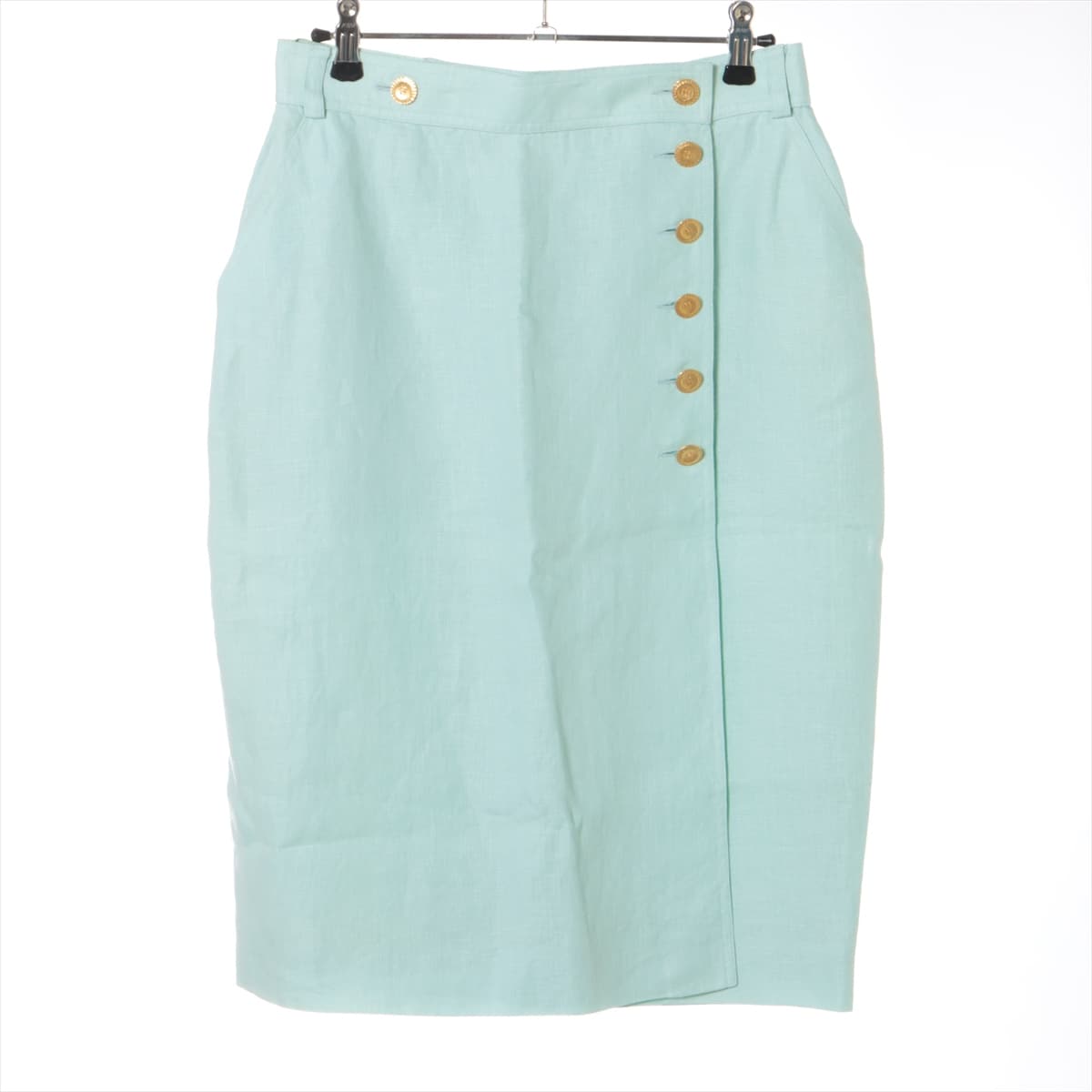 Chanel Coco Button P01 Linen Skirt 44 Ladies' Bell Pale Green  P01497