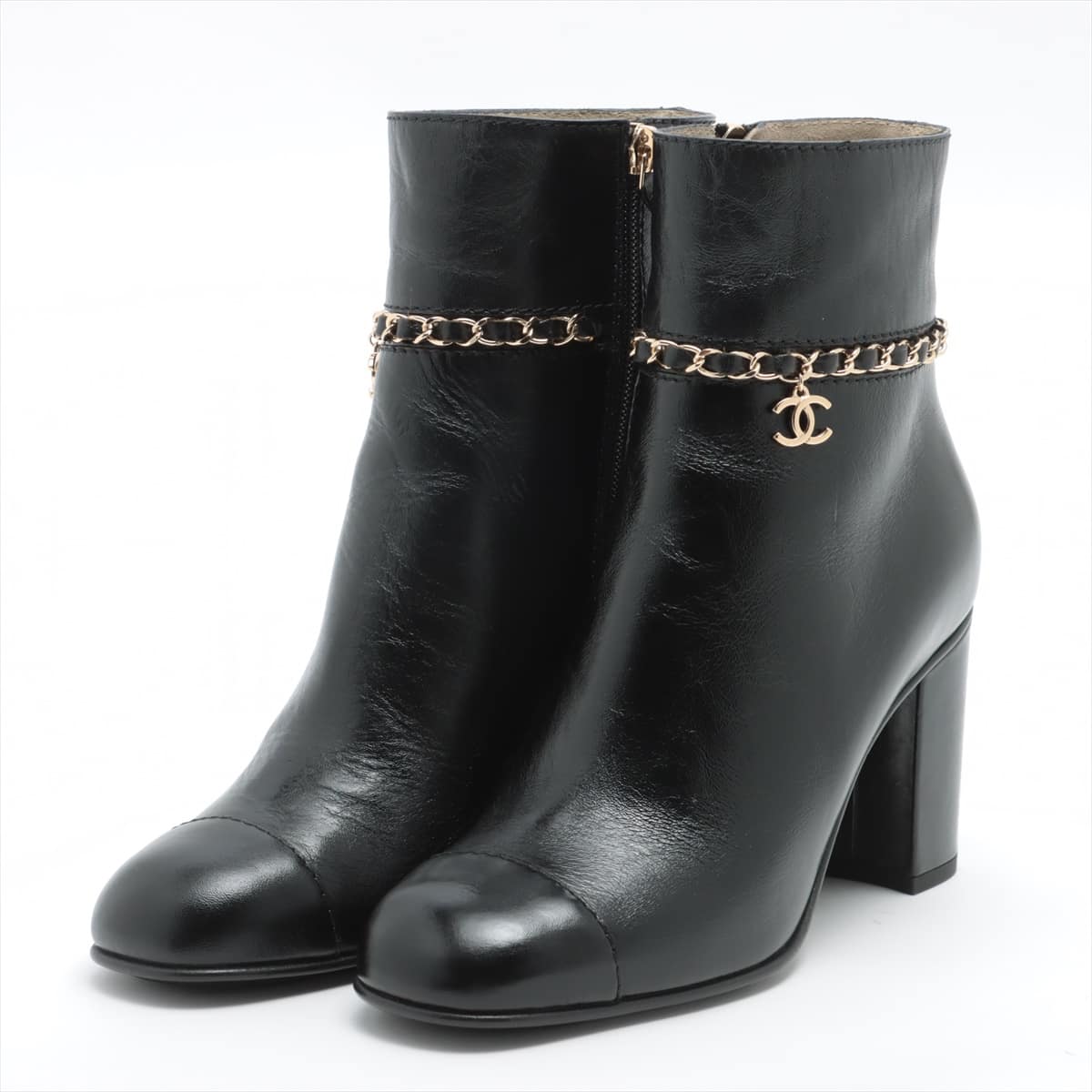 Chanel Coco Mark Leather Short Boots 37C Ladies' Black G35008 Chain