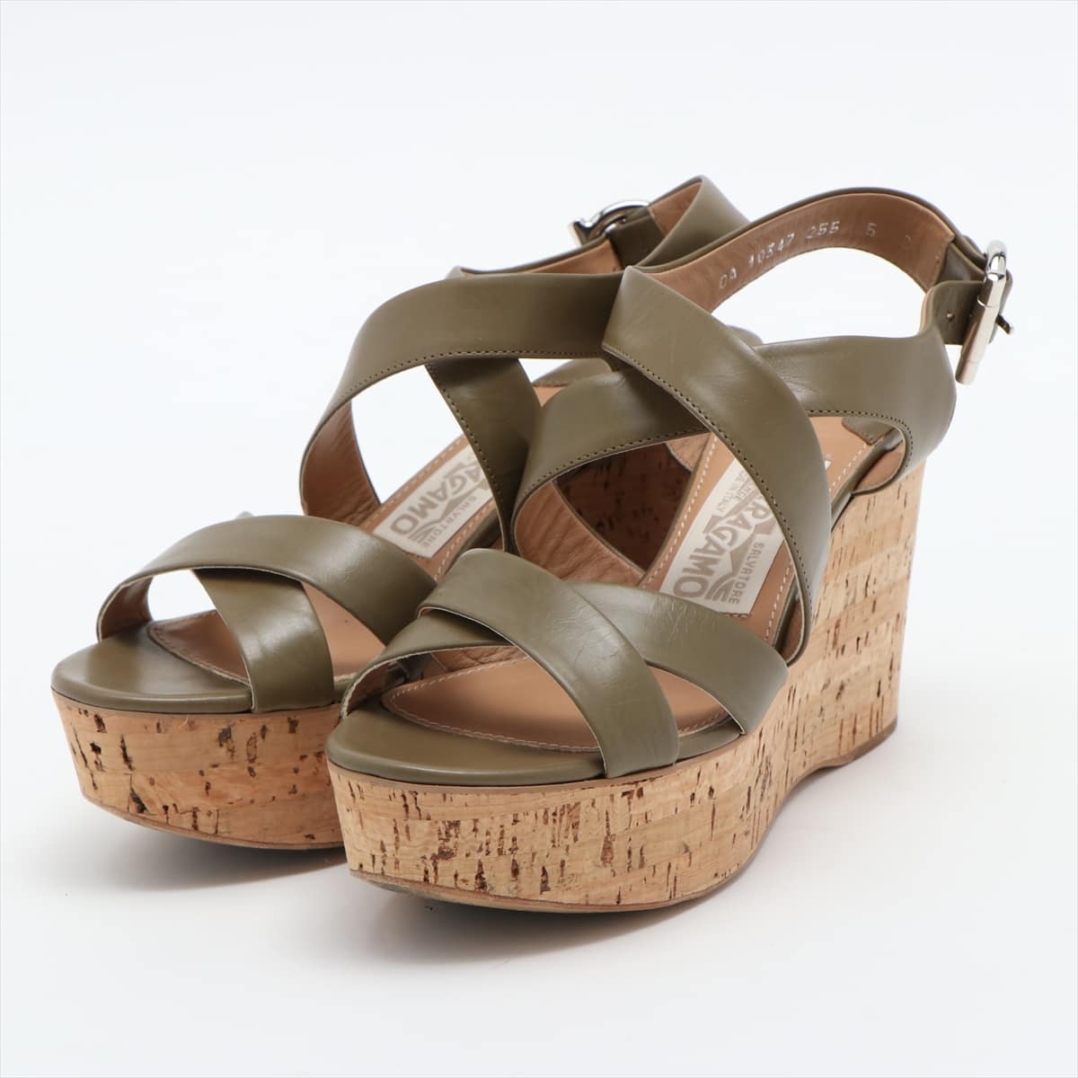 Ferragamo Gancini Leather Wedge Sole Sandals 5 Ladies' Khaki