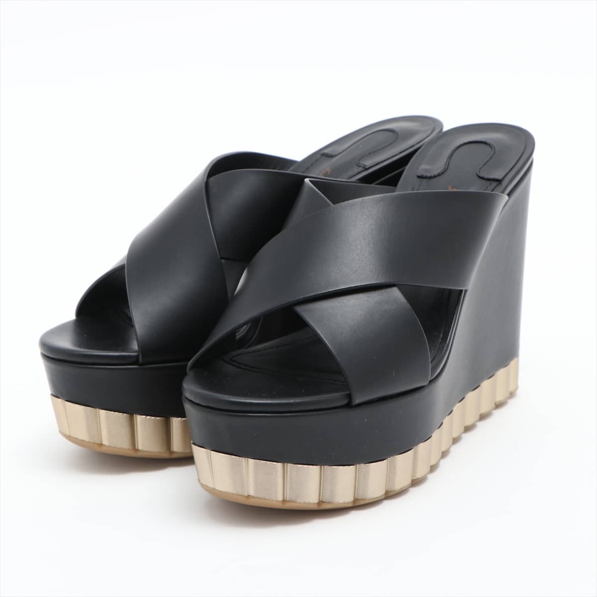 Ferragamo Leather Wedge Sole Sandals 5 1/2 Ladies' Black