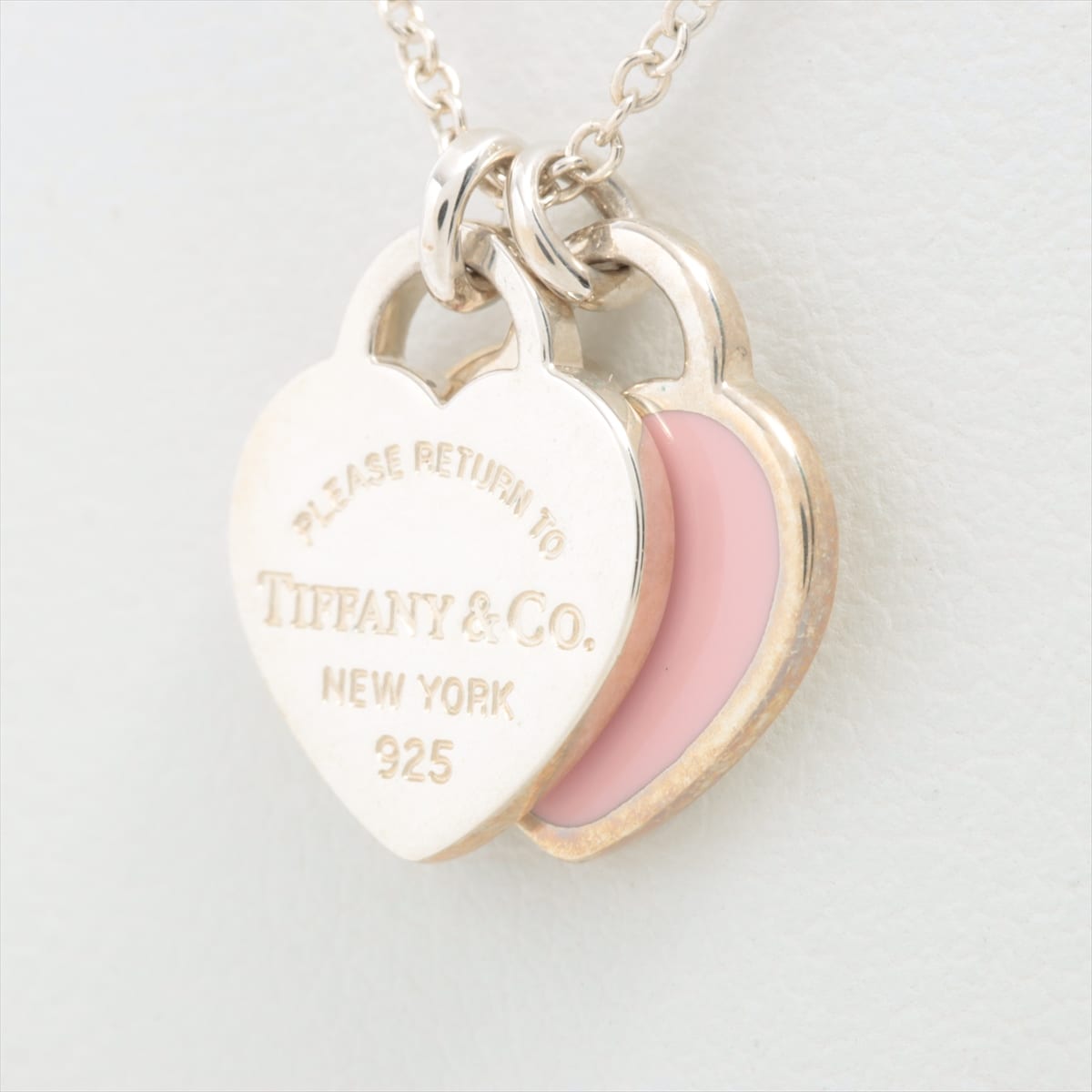 Tiffany Return To Tiffany Mini Double Heart Tag Necklace 925 2.6g Silver×Pink