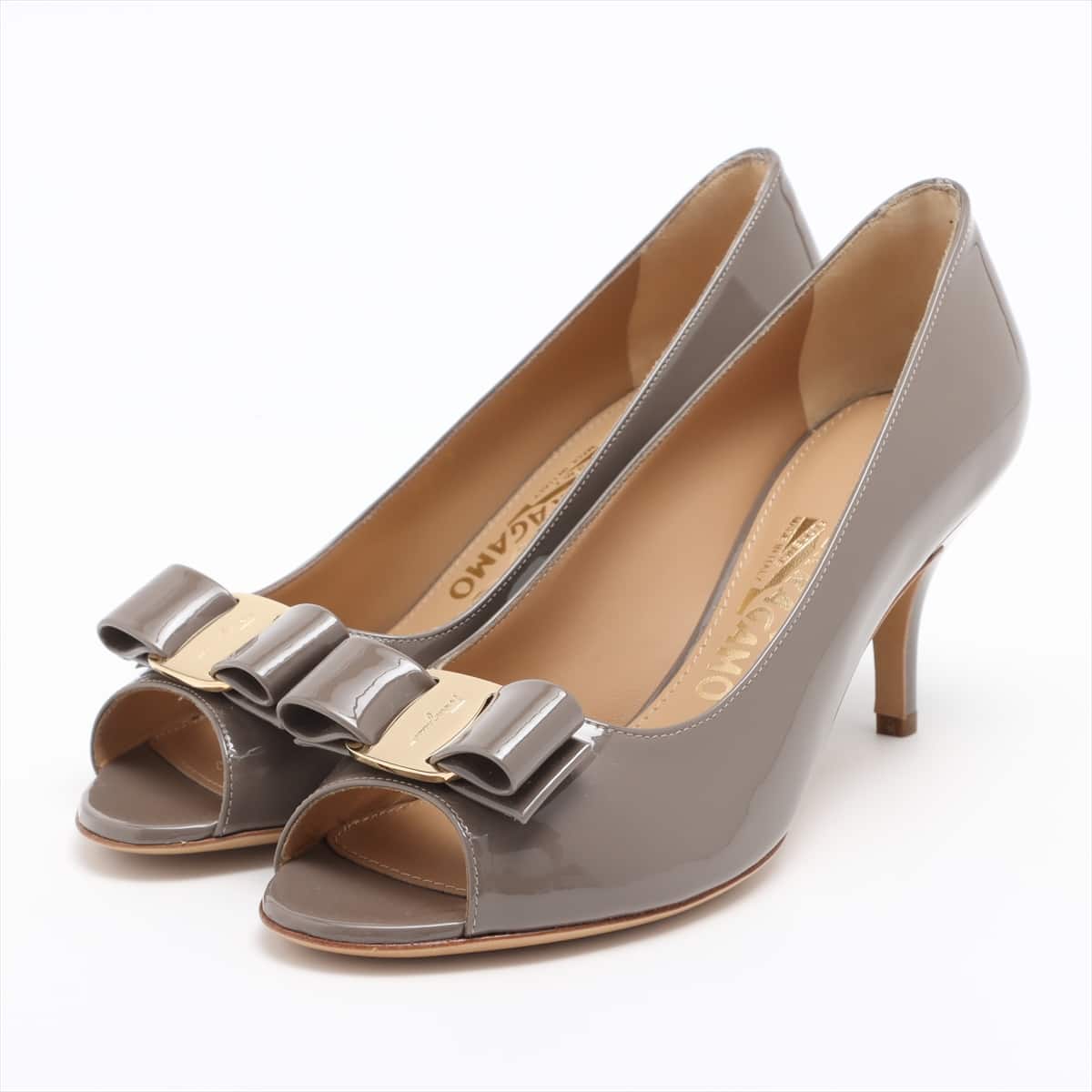 Ferragamo Vara Patent leather Open-toe Pumps 6 Ladies' Grey