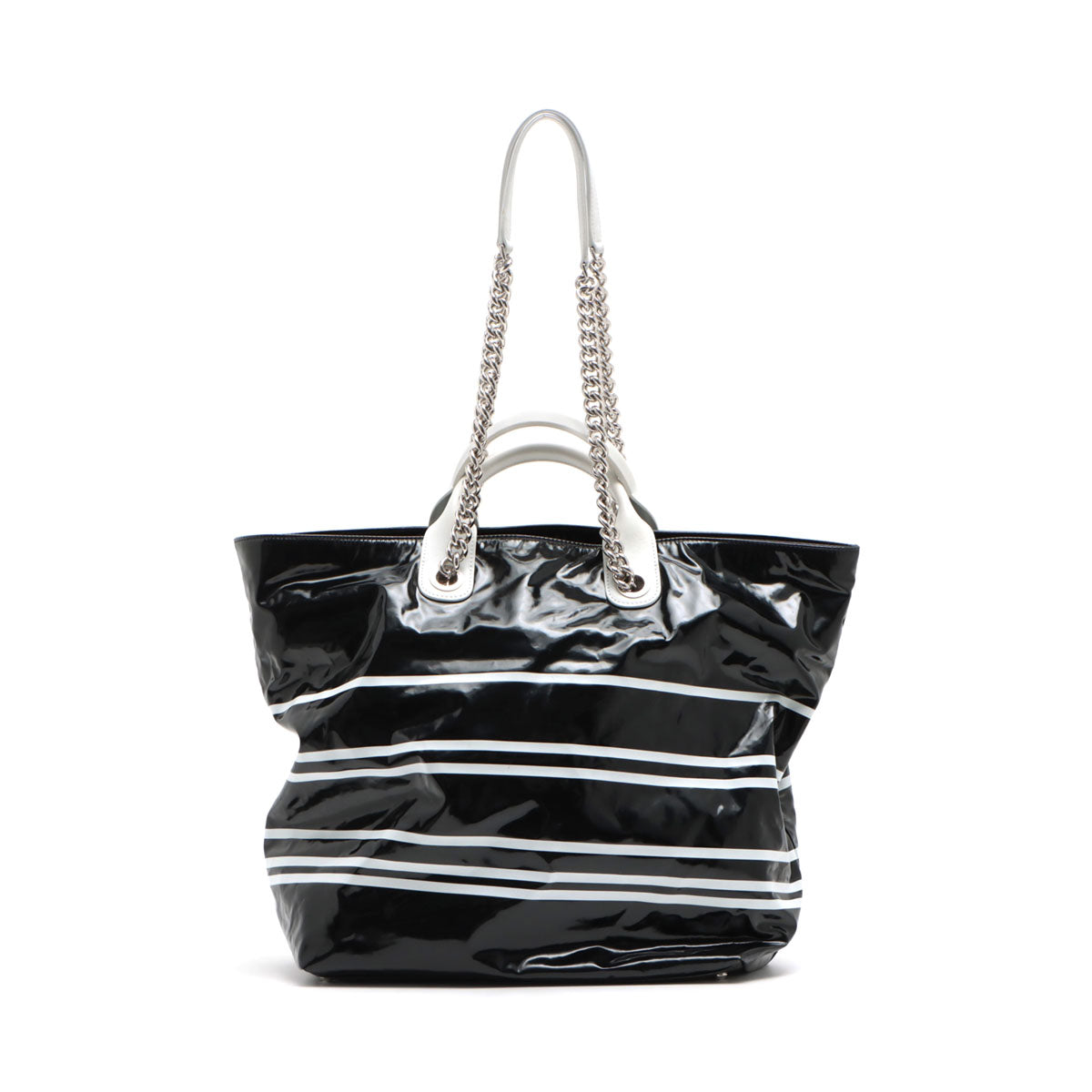 Chanel La Pausa Vinyl × Leather Chain tote bag Black Silver Metal fittings 26XXXXXX