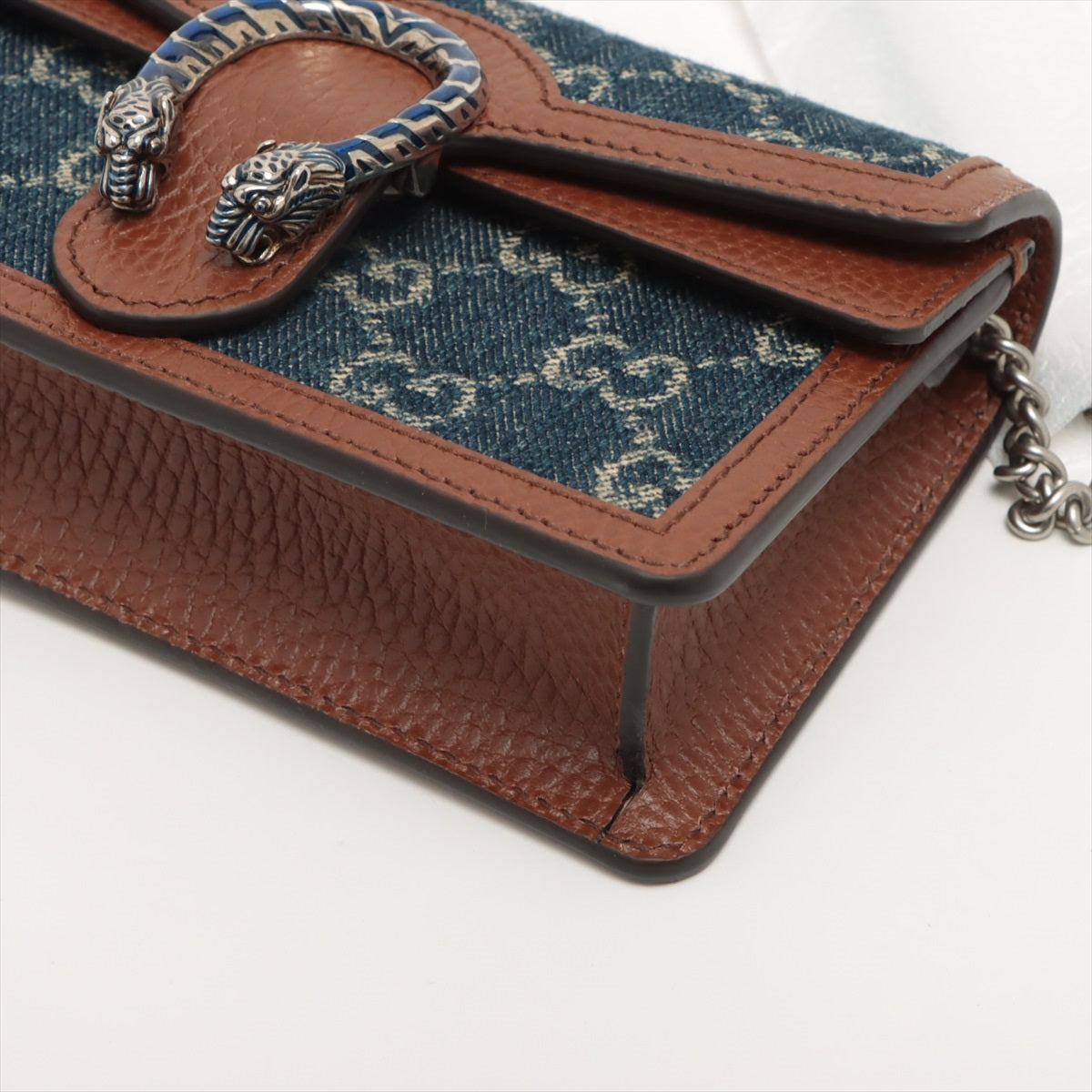 Gucci GG Denim Duonyssos Denim & leather Chain shoulder bag blue x brown 476432