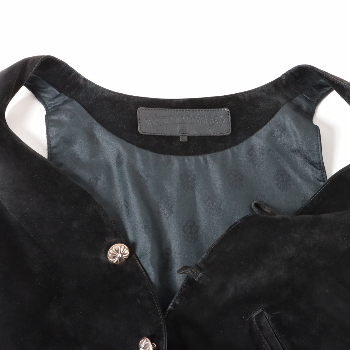 Chrome Hearts Vest Cotton & Peather Black cross ball button cowhide Suede