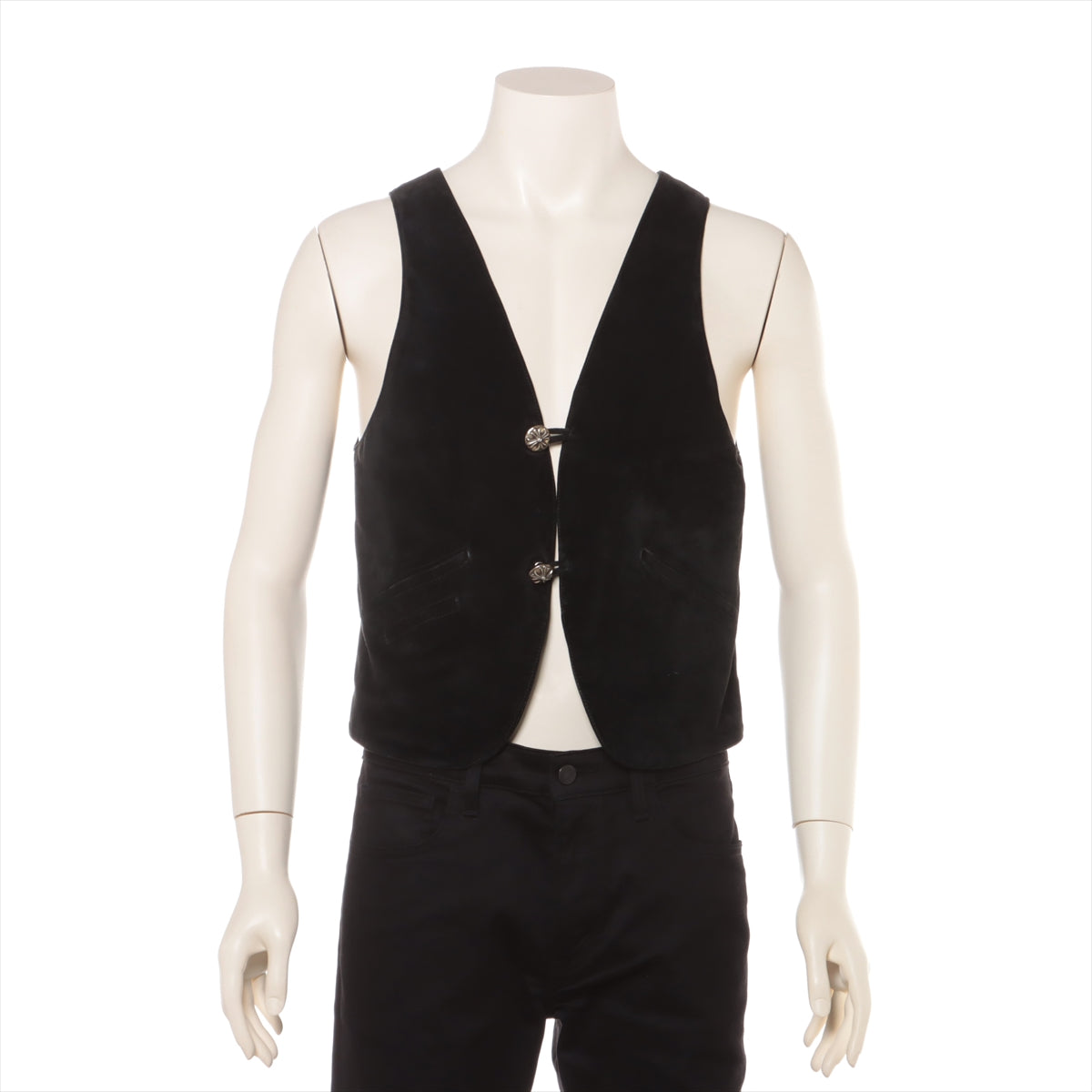 Chrome Hearts Vest Cotton & Peather Black cross ball button cowhide Suede