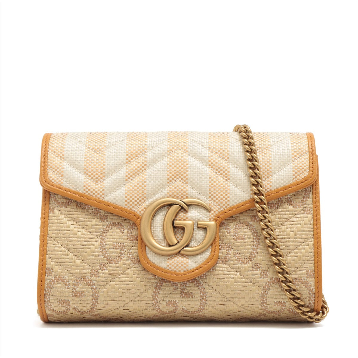 Gucci GG Marmont Raffia x leather Chain shoulder bag Beige 474575