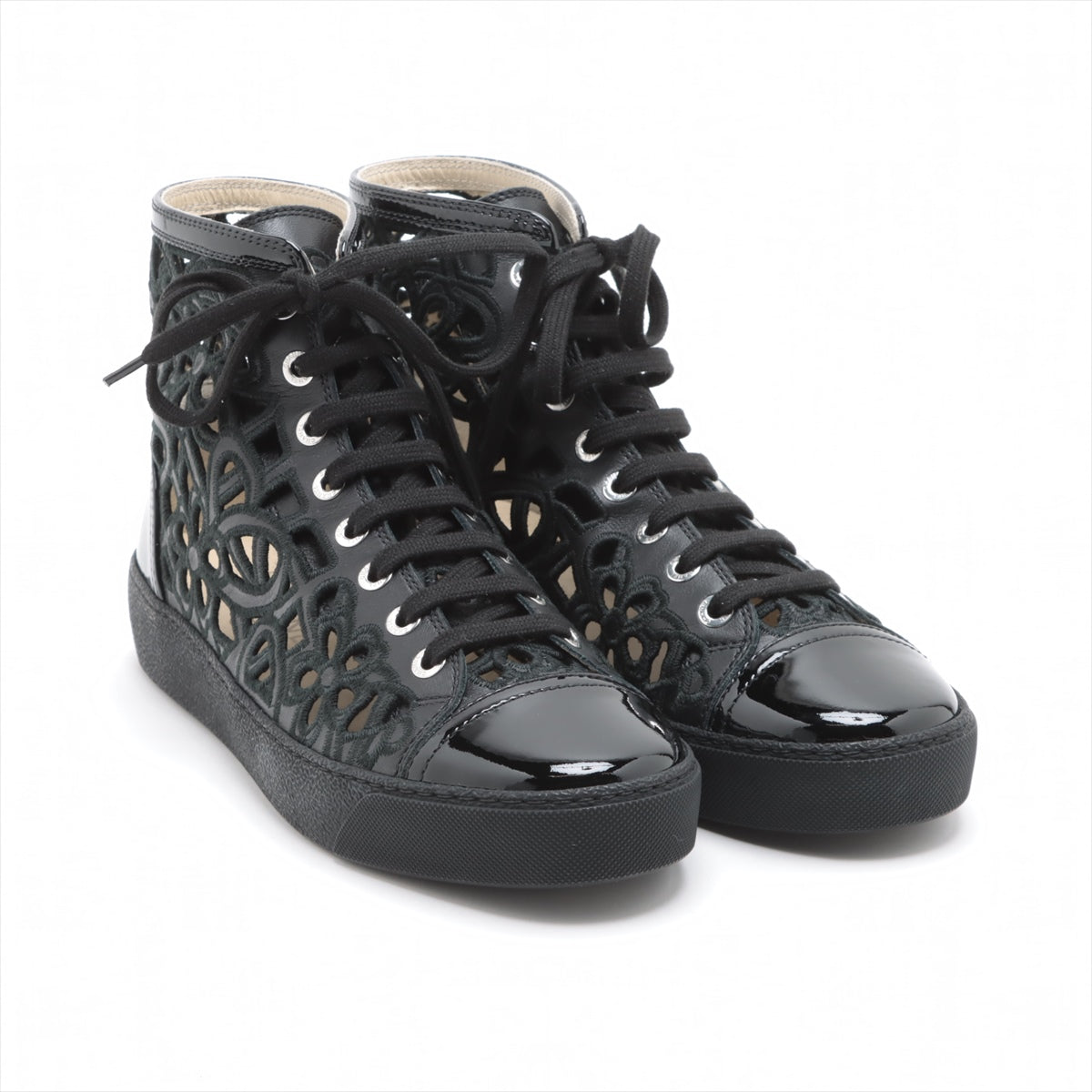 Chanel Coco Mark Leather x fabric High-top Sneakers 38 Ladies' Black floral lace box There is a bag