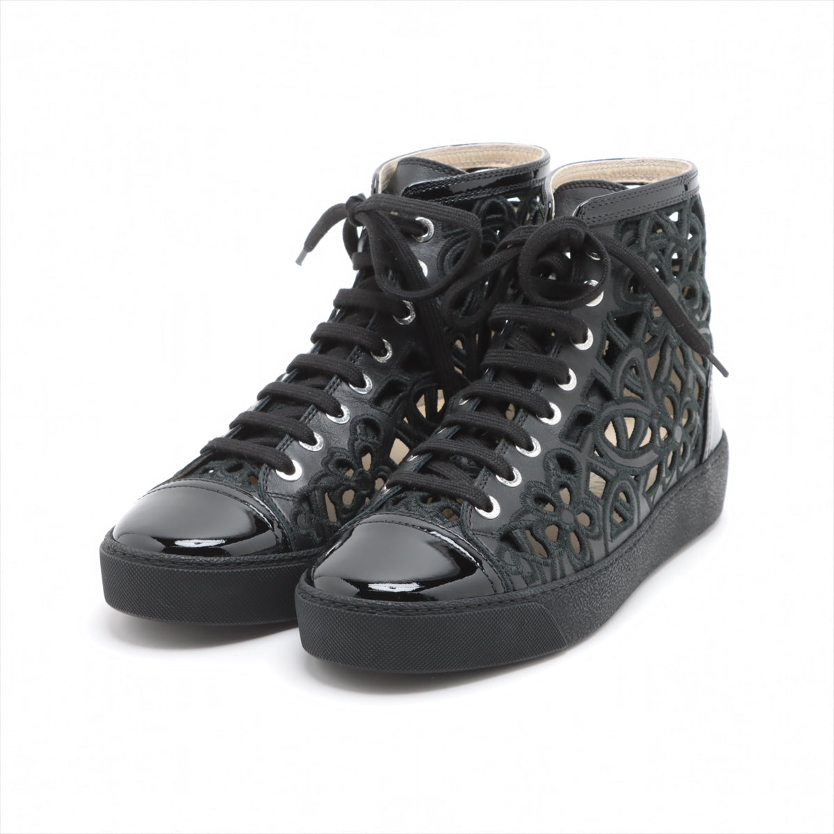 Chanel Coco Mark Leather x fabric High-top Sneakers 38 Ladies' Black floral lace box There is a bag