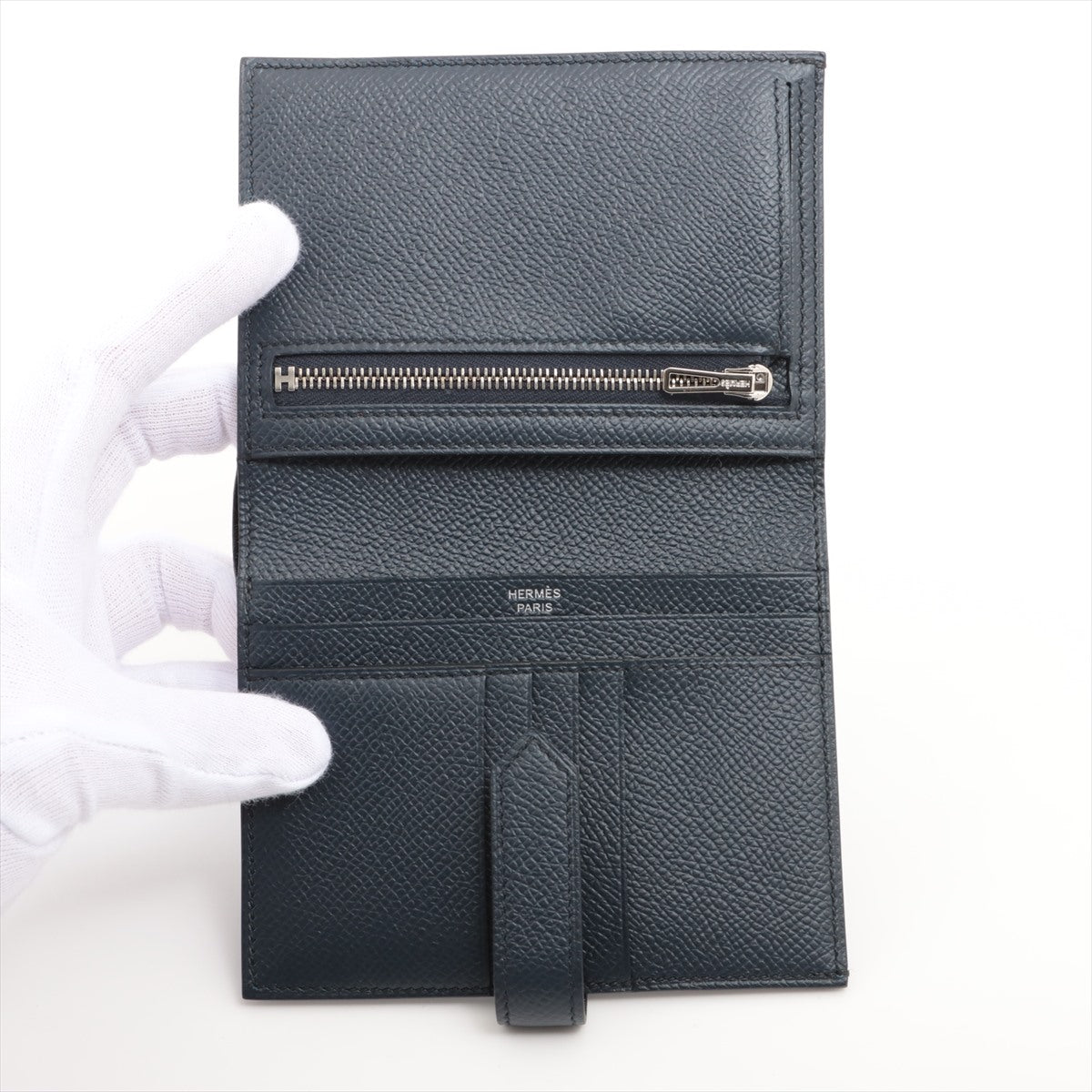Hermès Bearn Compact Veau Epsom Wallet Navy blue Silver Metal fittings Z: 2021