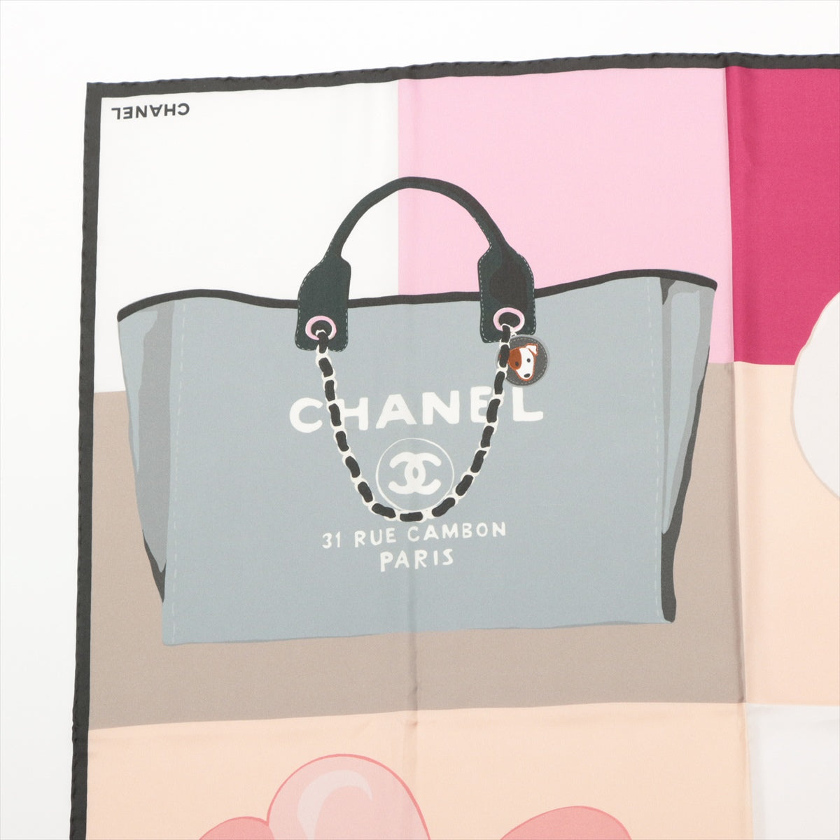 Chanel Icon Scarf Silk Pink x gray Clover Cambon camellia  Coco Mark