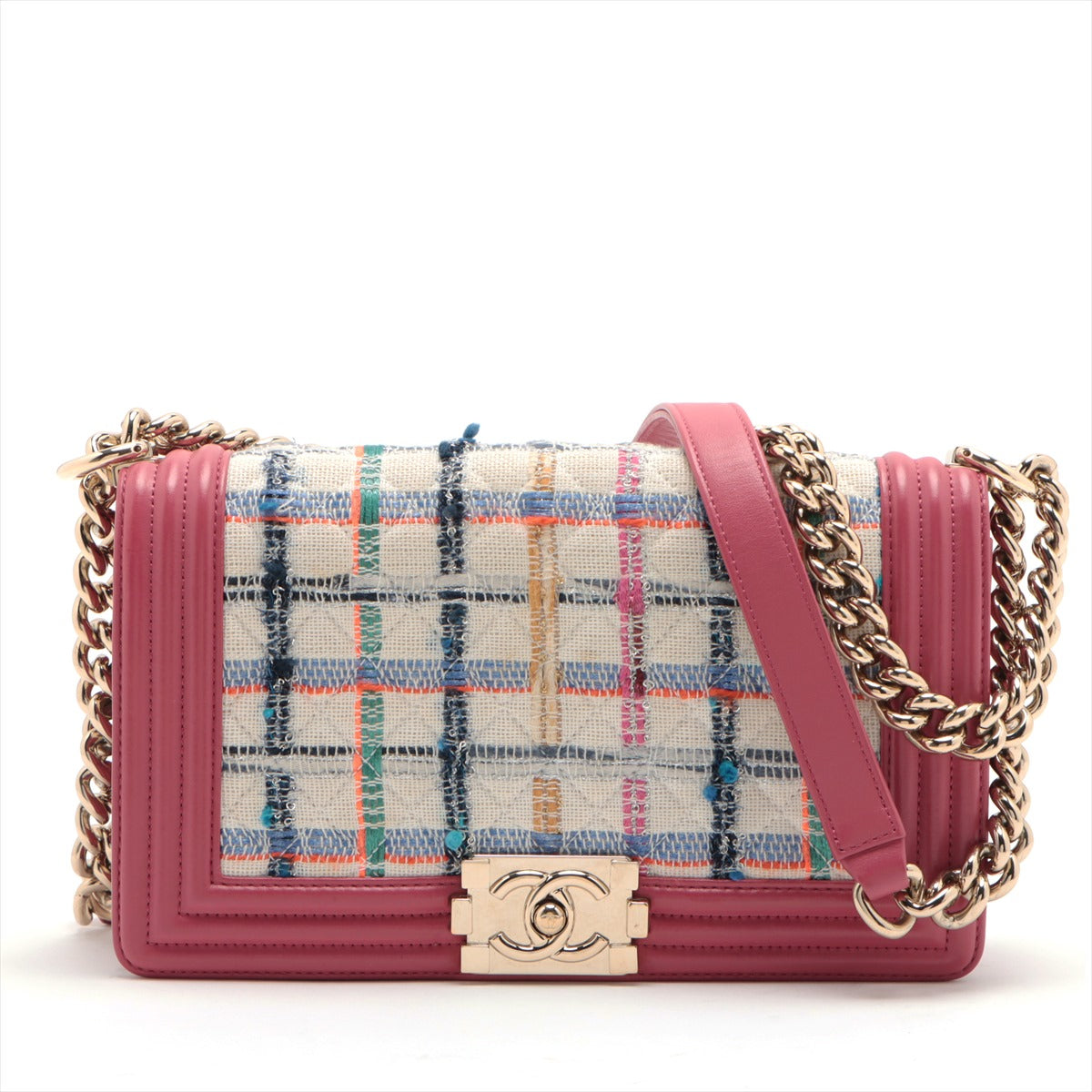 Chanel Boy Chanel Lambskin & tweed Chain shoulder bag Pink Silver Metal fittings 26XXXXXX