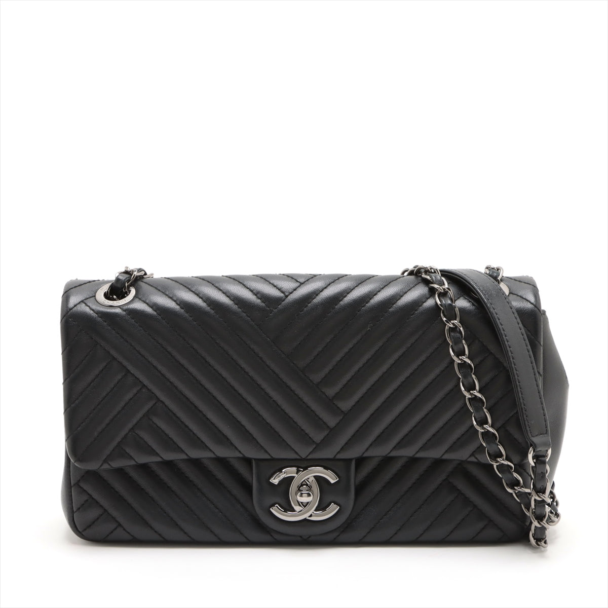 Chanel Bias stitching Lambskin Double flap single chain bag Black Silver Metal fittings 21XXXXXX