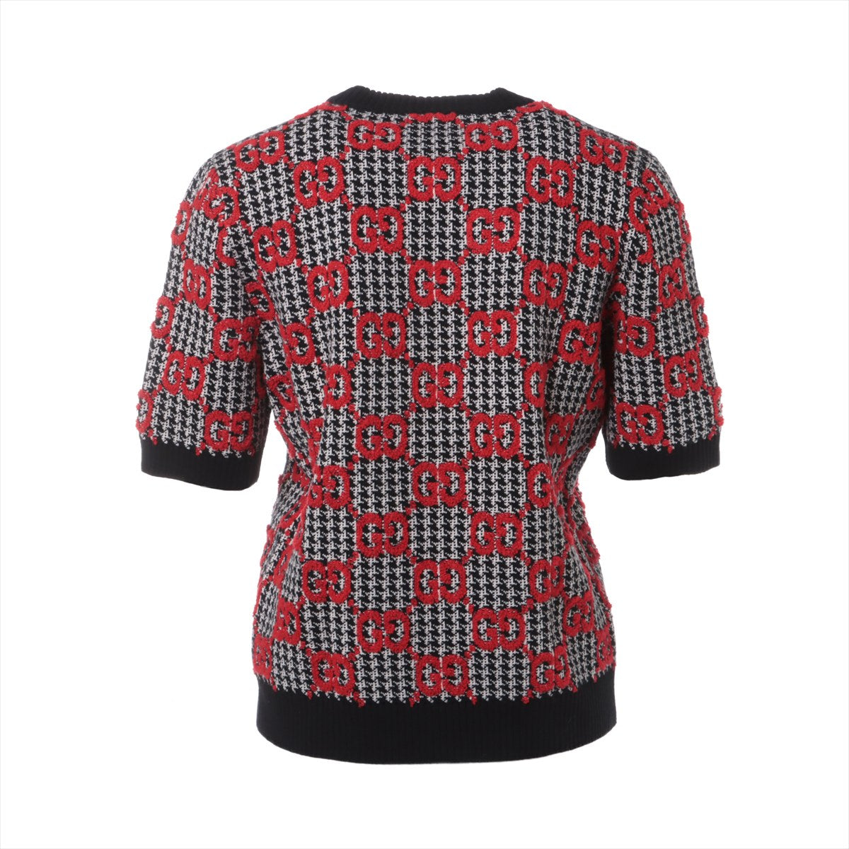 Gucci GG Wool Short Sleeve Knitwear L Ladies' Red x Black  731007  Houndstooth Woolbouclé Top