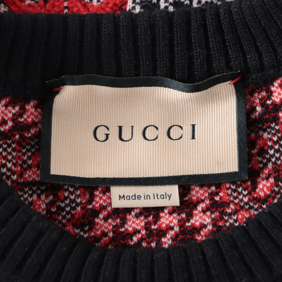 Gucci GG Wool Short Sleeve Knitwear L Ladies' Red x Black  731007  Houndstooth Woolbouclé Top