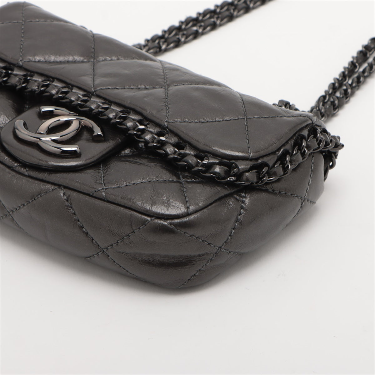 Chanel Mini Matelasse Leather Single flap Double chain bag Grey Black hardware 14XXXXXX