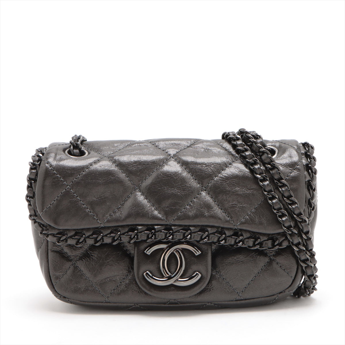 Chanel Mini Matelasse Leather Single flap Double chain bag Grey Black hardware 14XXXXXX