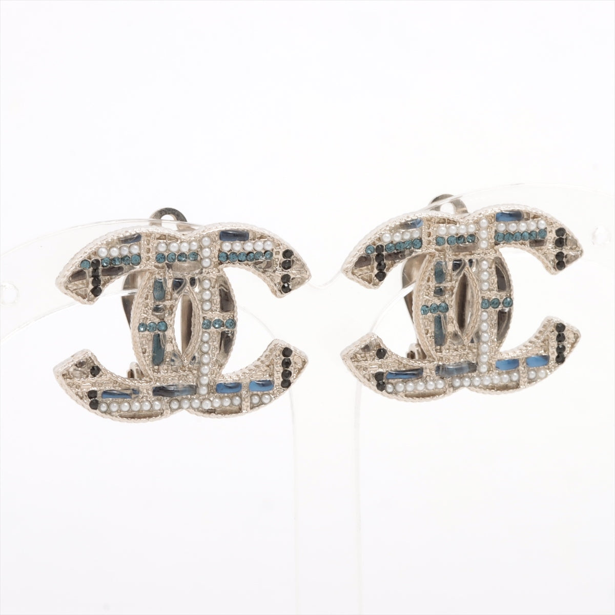 Chanel Coco Mark A19B Earrings (for both ears) Metal x rhinestone x faux pearl Silver x blue tweed pattern