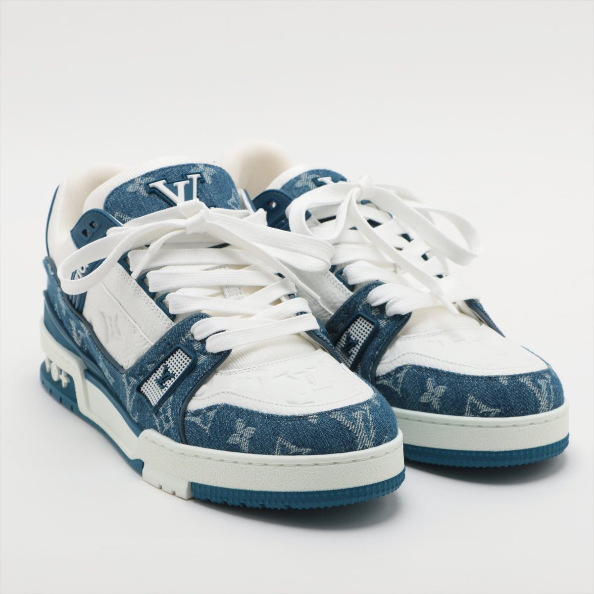 Louis Vuitton LV Trainer Line 23 years Denim & leather Sneakers 7 1/2 Men's Blue x white BM0213 Monogram denim