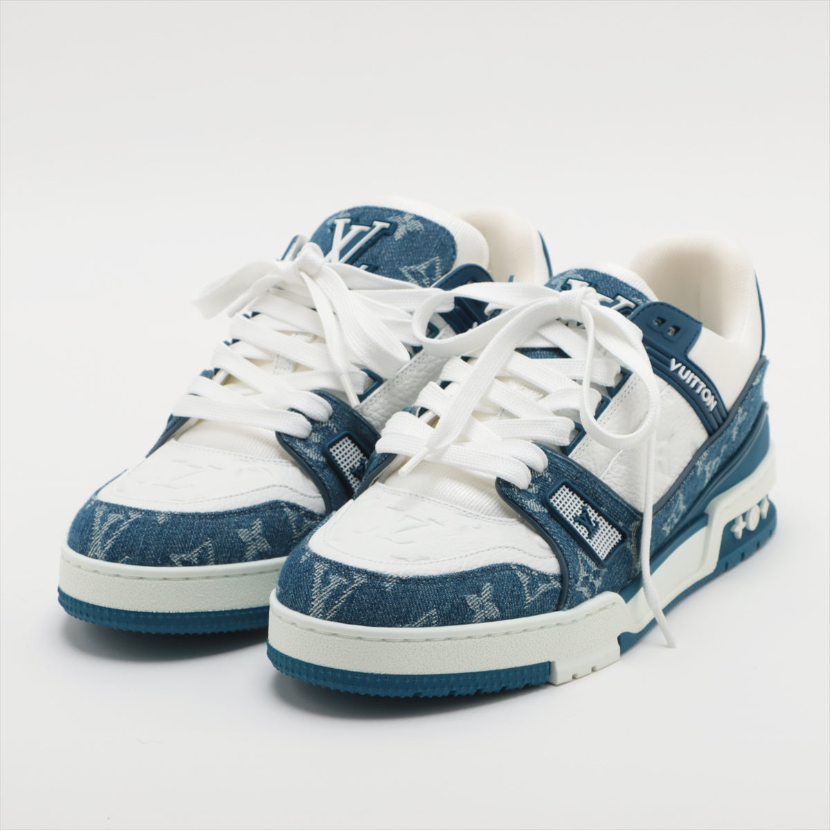Louis Vuitton LV Trainer Line 23 years Denim & leather Sneakers 7 1/2 Men's Blue x white BM0213 Monogram denim