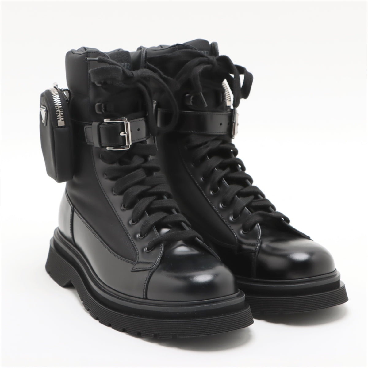 Prada Leather x fabric Short Boots 7 Men's Black Triangle logo Detachable pouch 2TE169