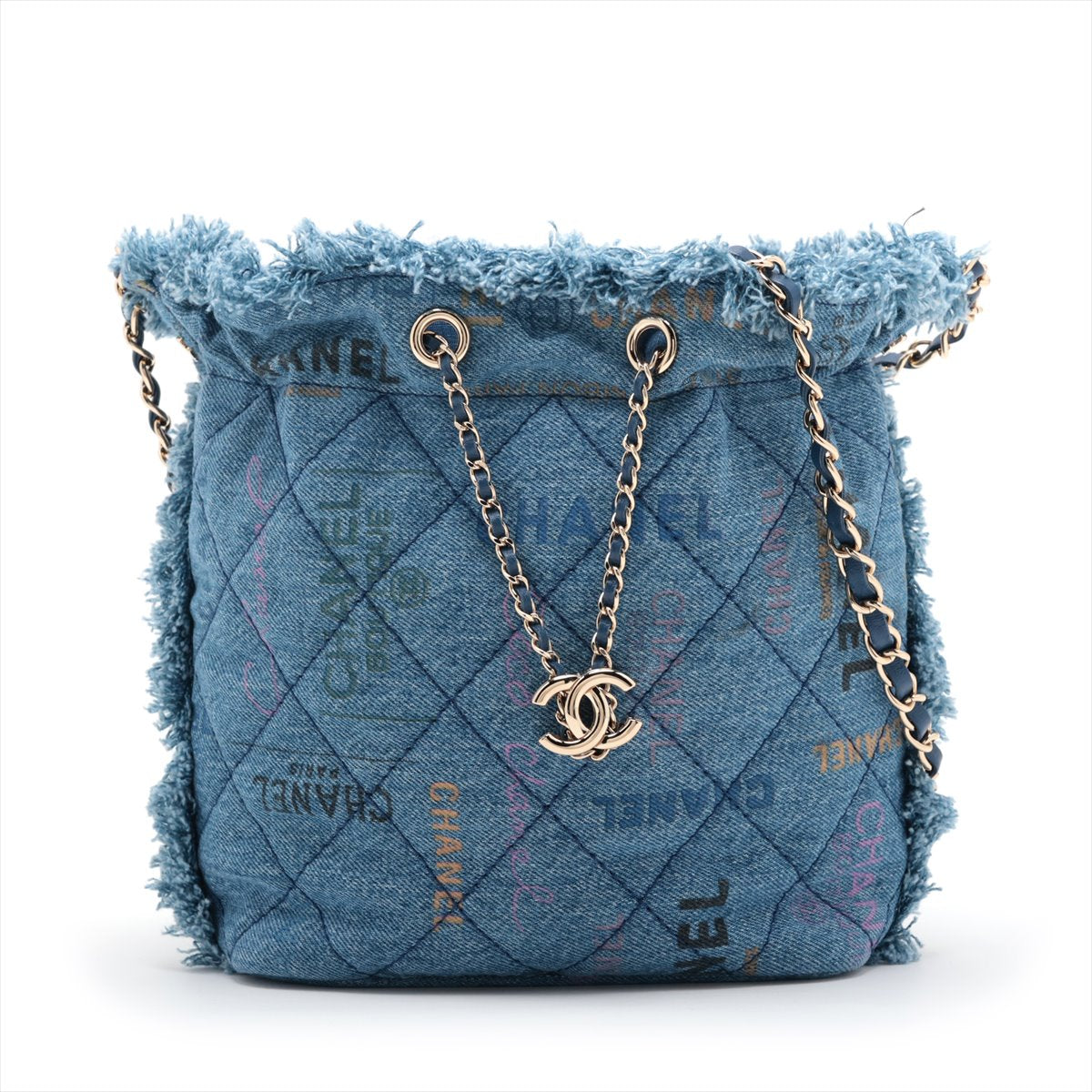 Chanel Matelasse Denim Drawstring shoulder bag Blue Gold Metal fittings