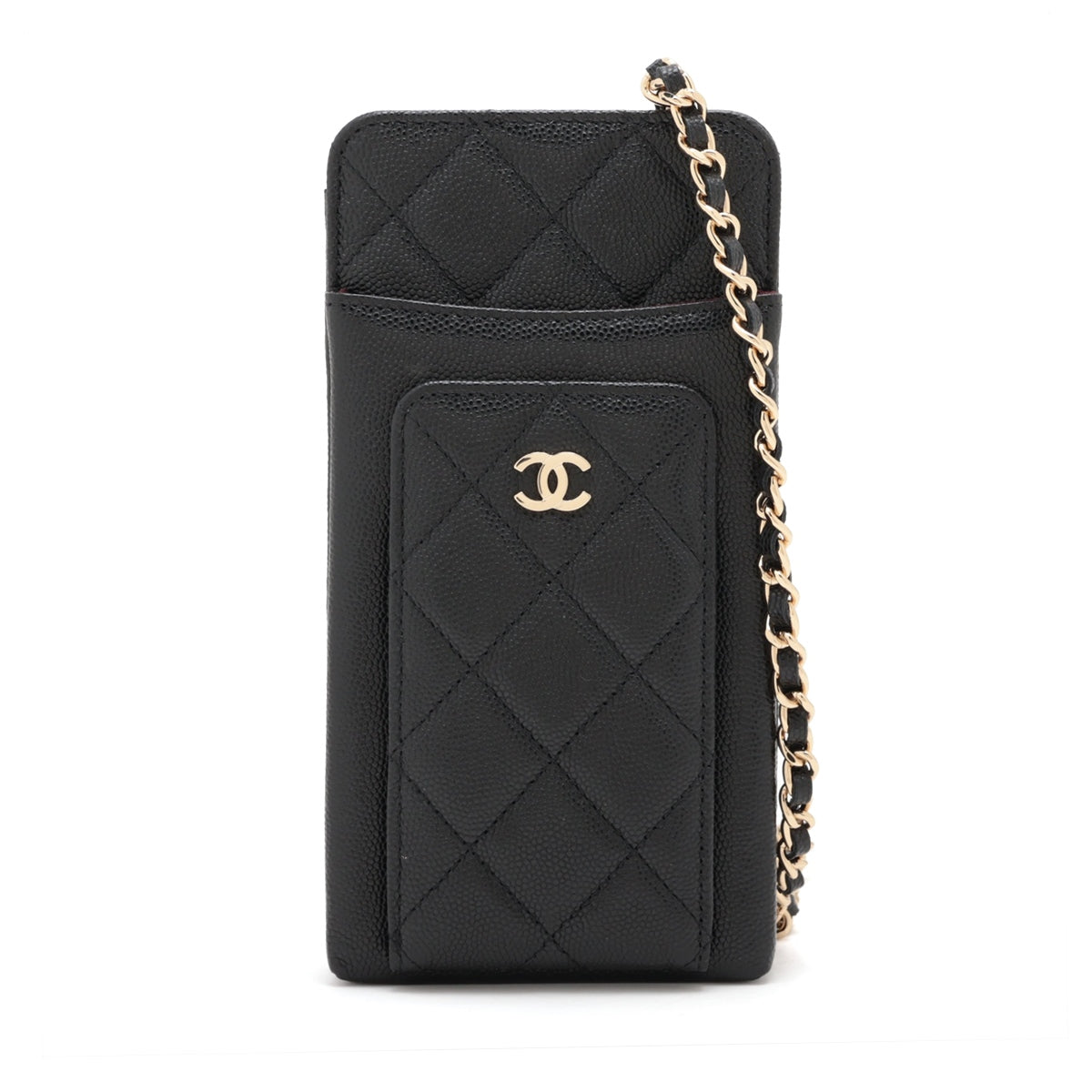 Chanel Matelasse Caviarskin Chain shoulder bag Phone pouch Black Gold Metal fittings 29th